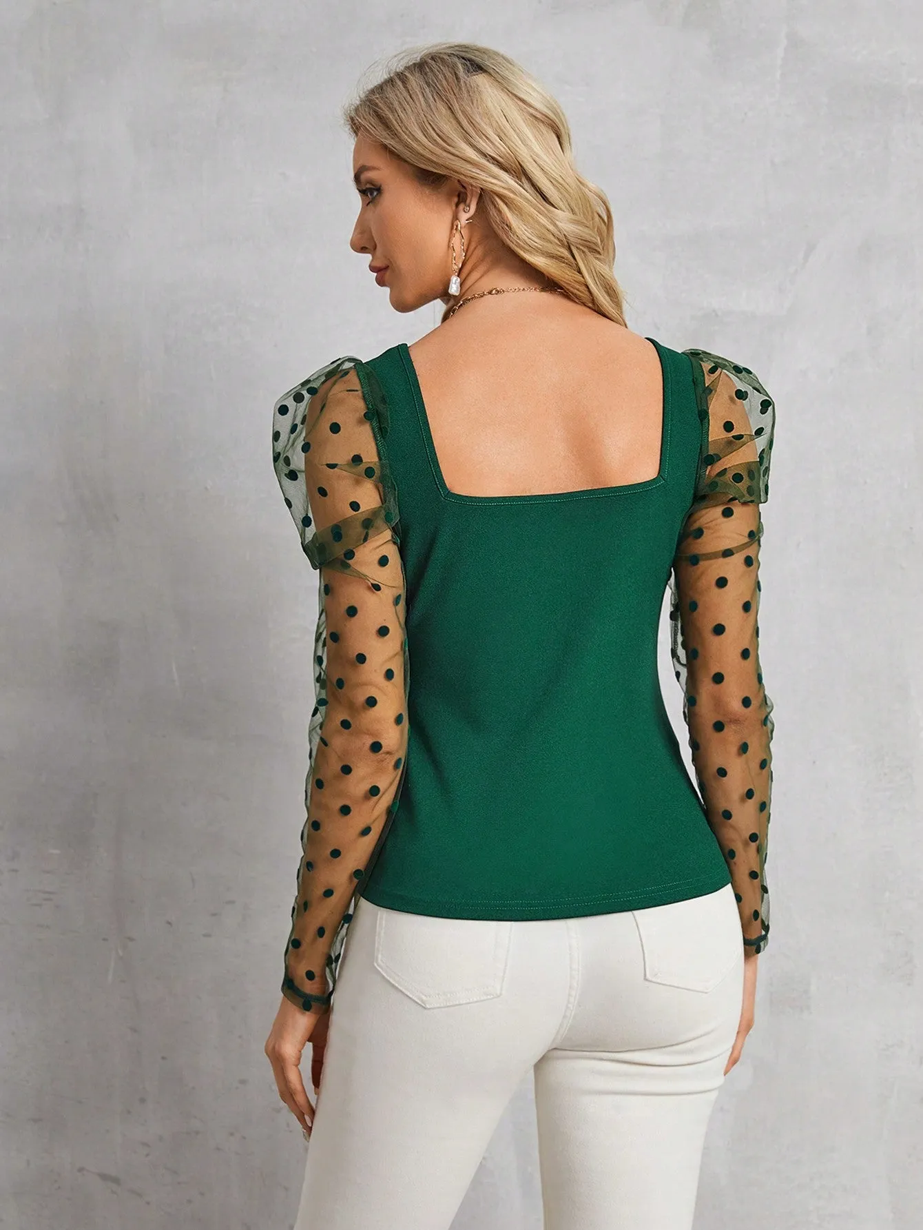 Clasi Polka Dot Mesh Patchwork Leg-Of-Mutton Sleeve Top Beaded Decor