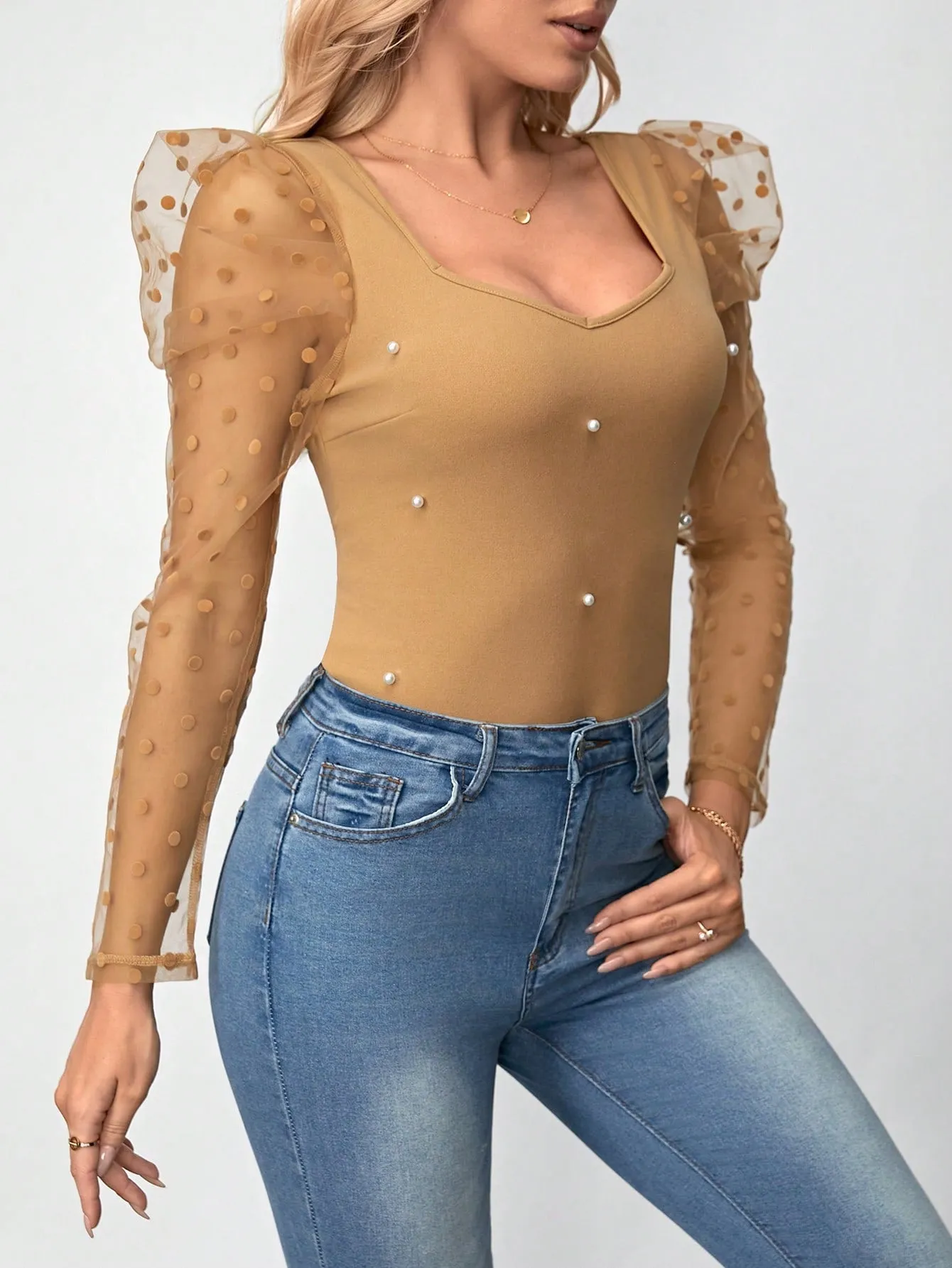Clasi Polka Dot Mesh Patchwork Leg-Of-Mutton Sleeve Top Beaded Decor