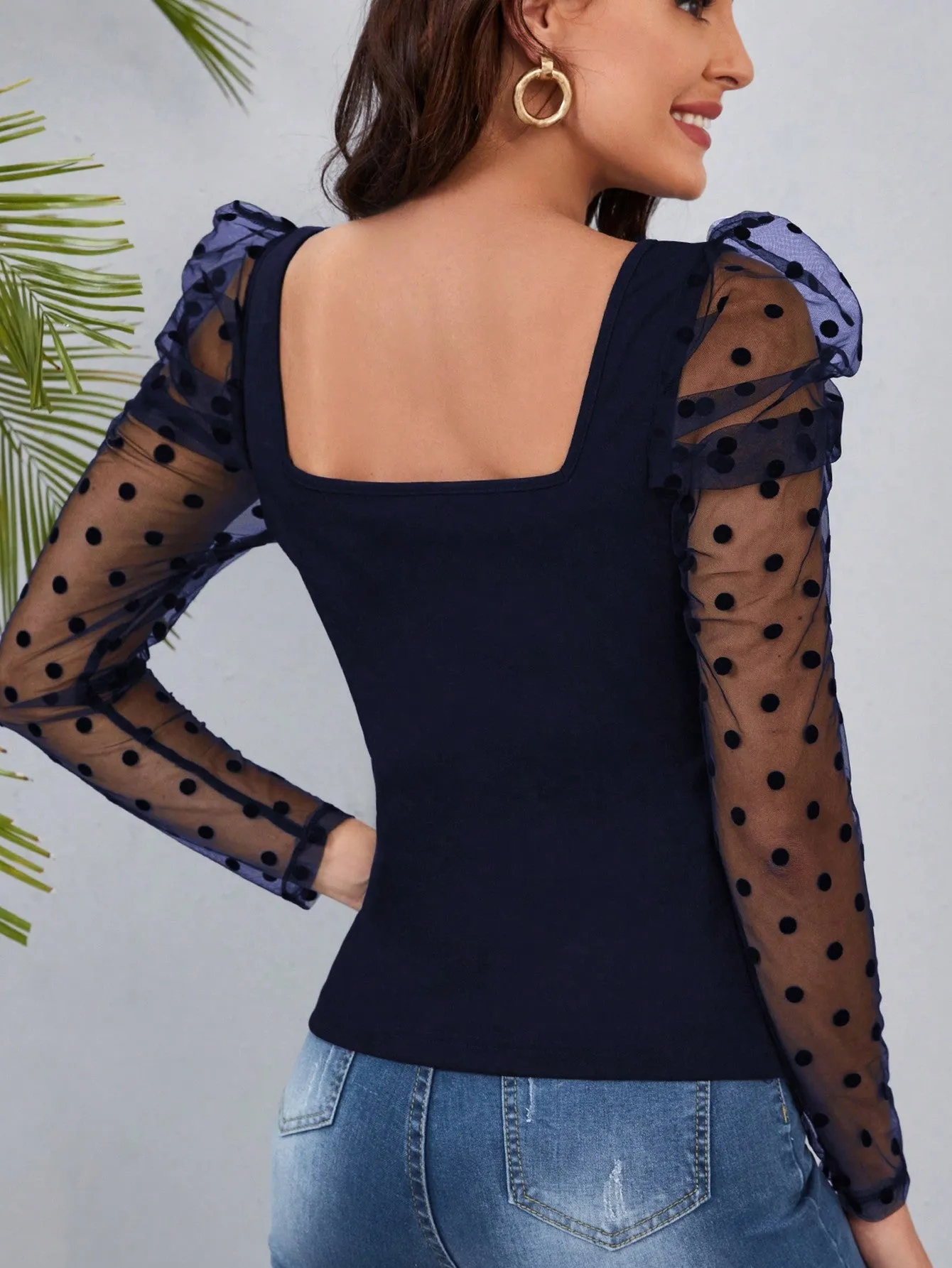 Clasi Polka Dot Mesh Patchwork Leg-Of-Mutton Sleeve Top Beaded Decor