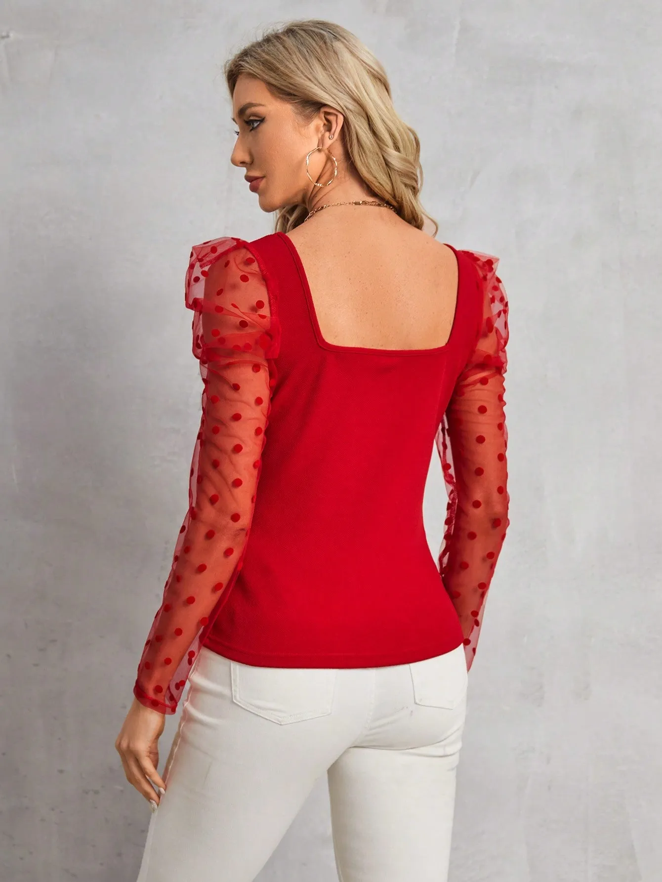 Clasi Polka Dot Mesh Patchwork Leg-Of-Mutton Sleeve Top Beaded Decor