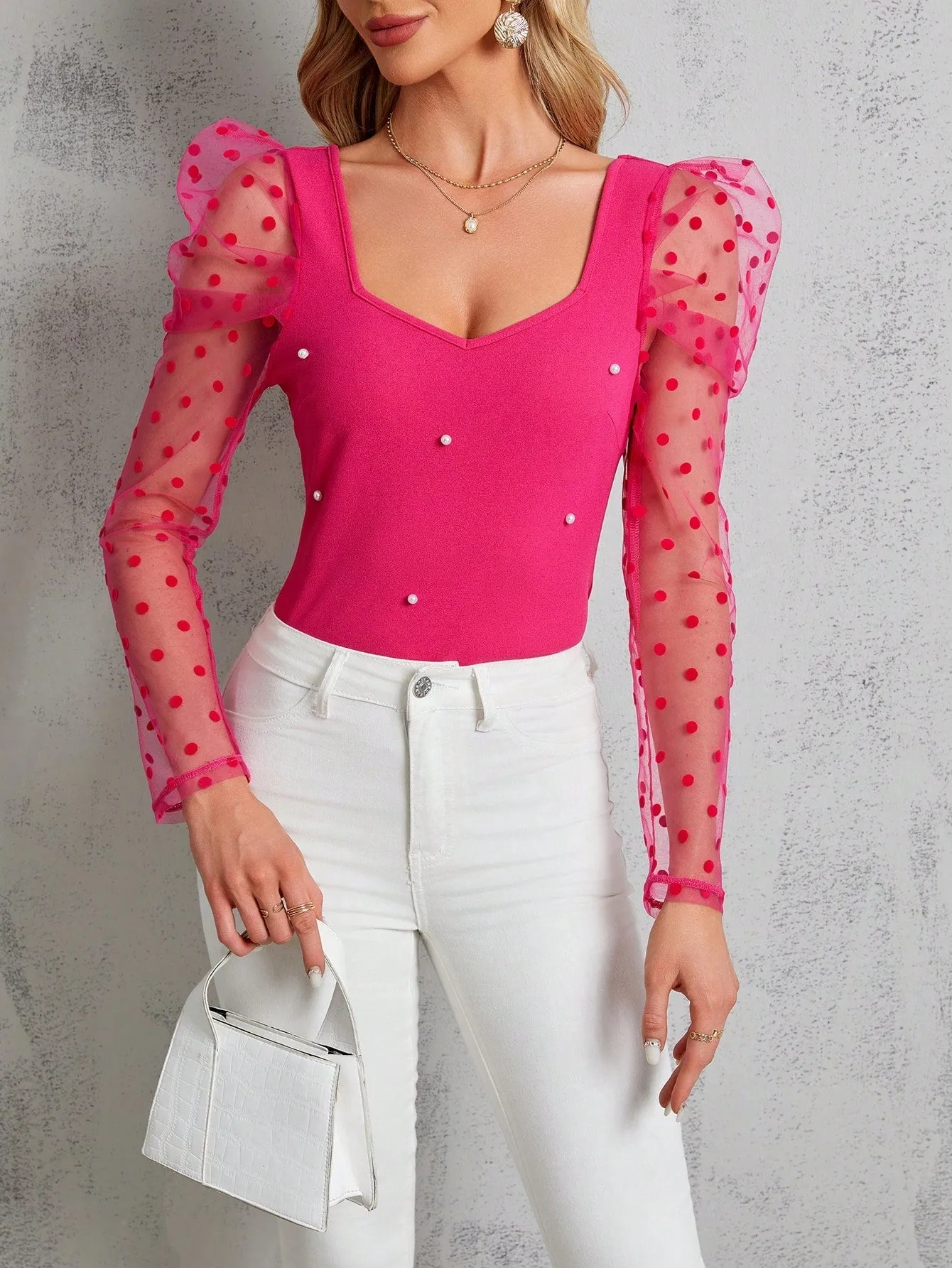 Clasi Polka Dot Mesh Patchwork Leg-Of-Mutton Sleeve Top Beaded Decor