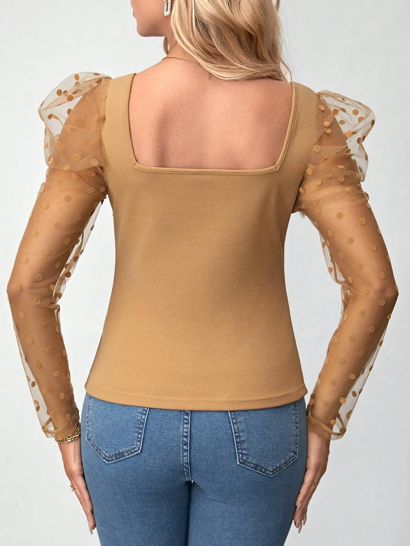 Clasi Polka Dot Mesh Patchwork Leg-Of-Mutton Sleeve Top Beaded Decor