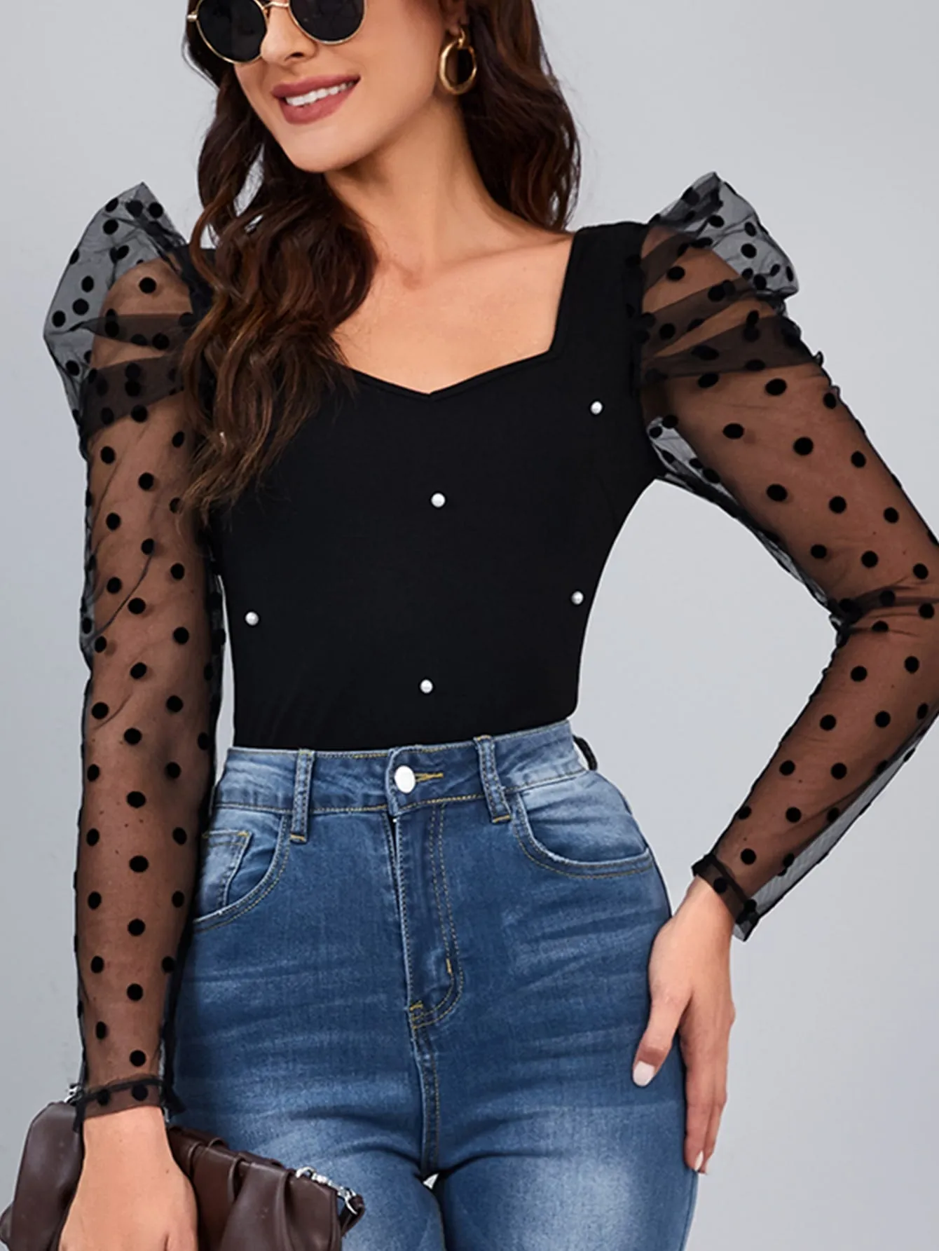 Clasi Polka Dot Mesh Patchwork Leg-Of-Mutton Sleeve Top Beaded Decor