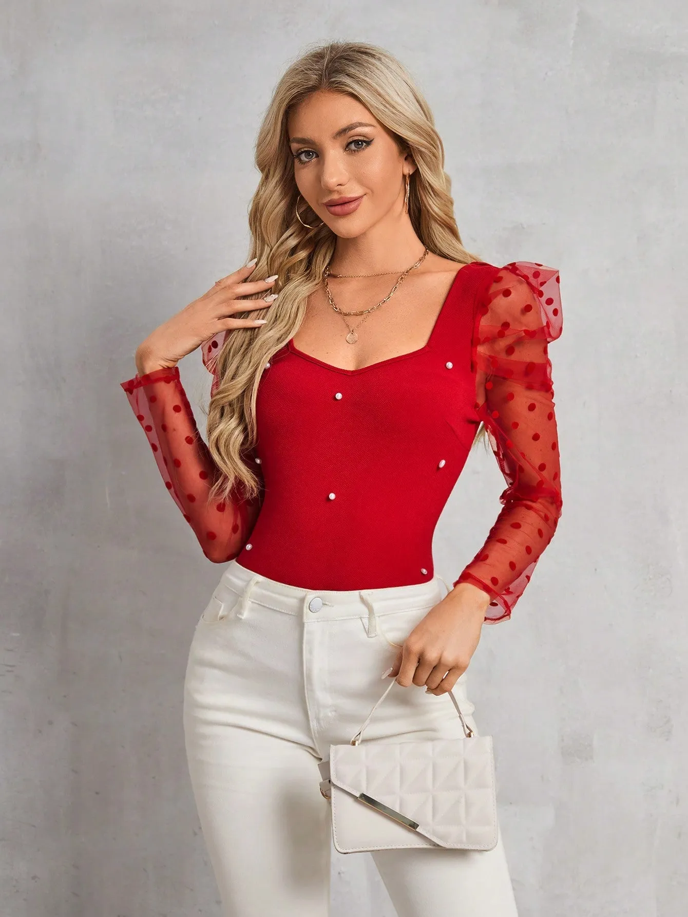 Clasi Polka Dot Mesh Patchwork Leg-Of-Mutton Sleeve Top Beaded Decor