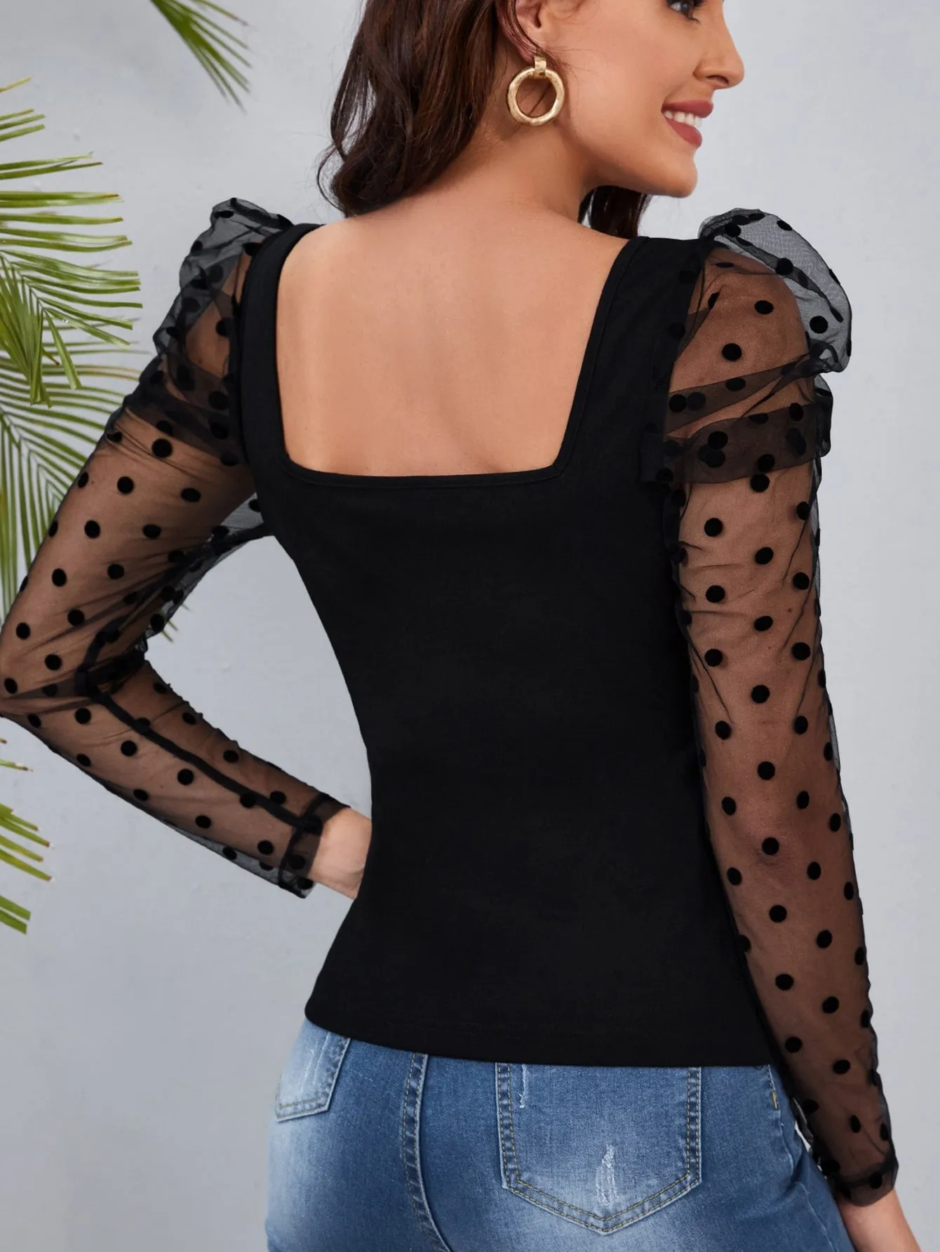 Clasi Polka Dot Mesh Patchwork Leg-Of-Mutton Sleeve Top Beaded Decor