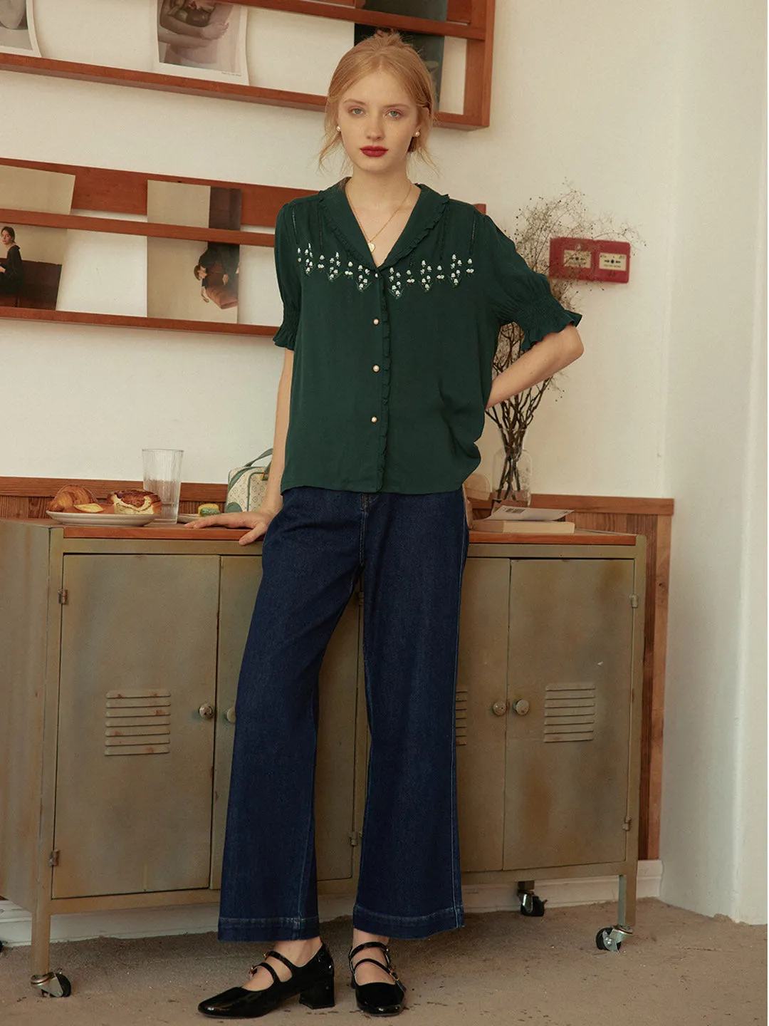 Convallaria Floral Embroidered Puff Top