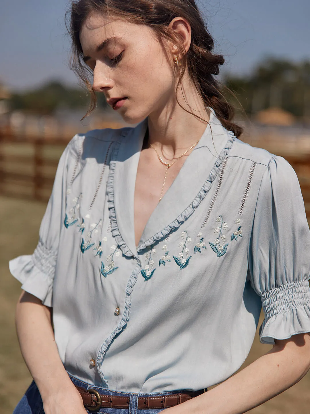 Convallaria Floral Embroidered Puff Top