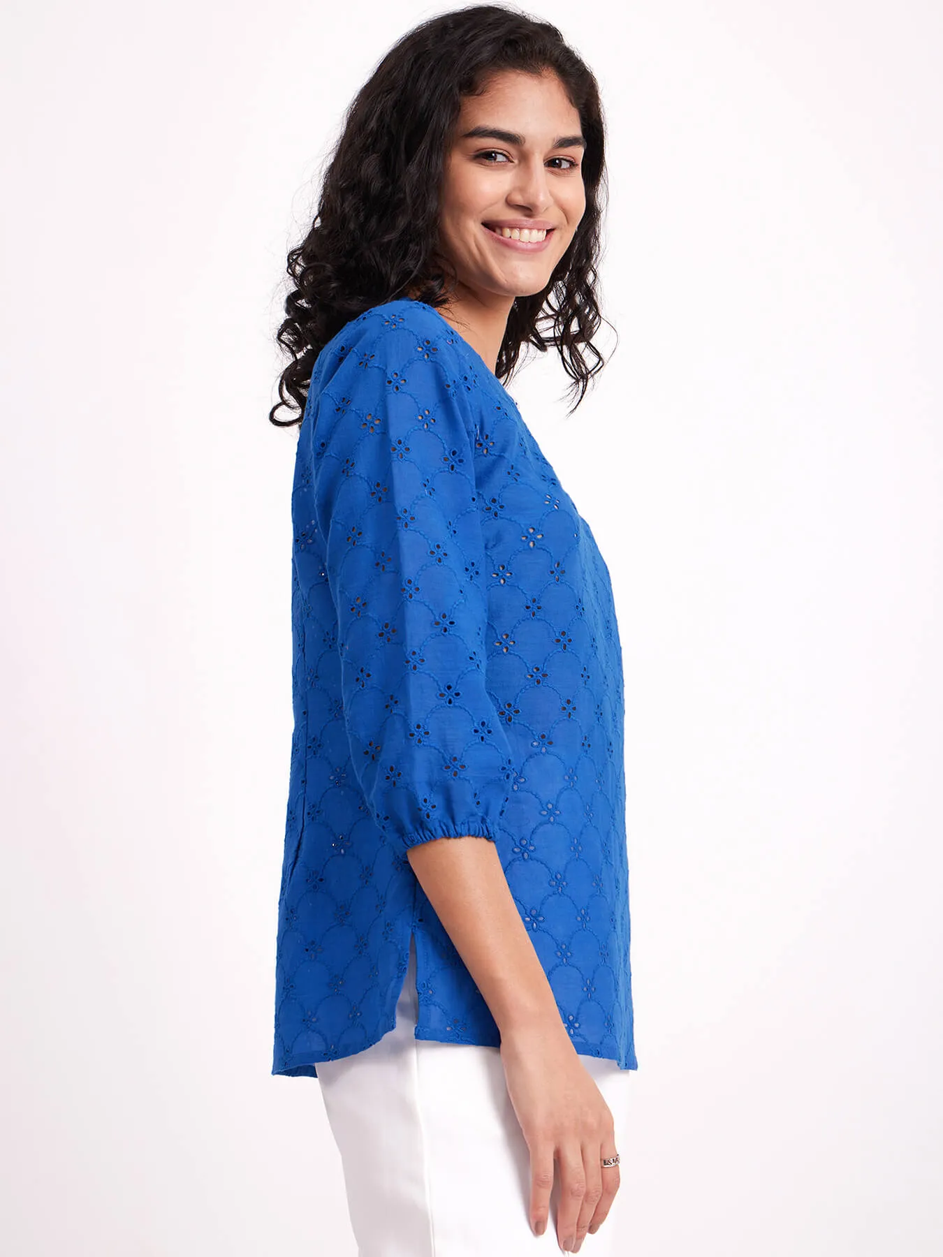 Cotton Schiffli Embroidered Top - Blue