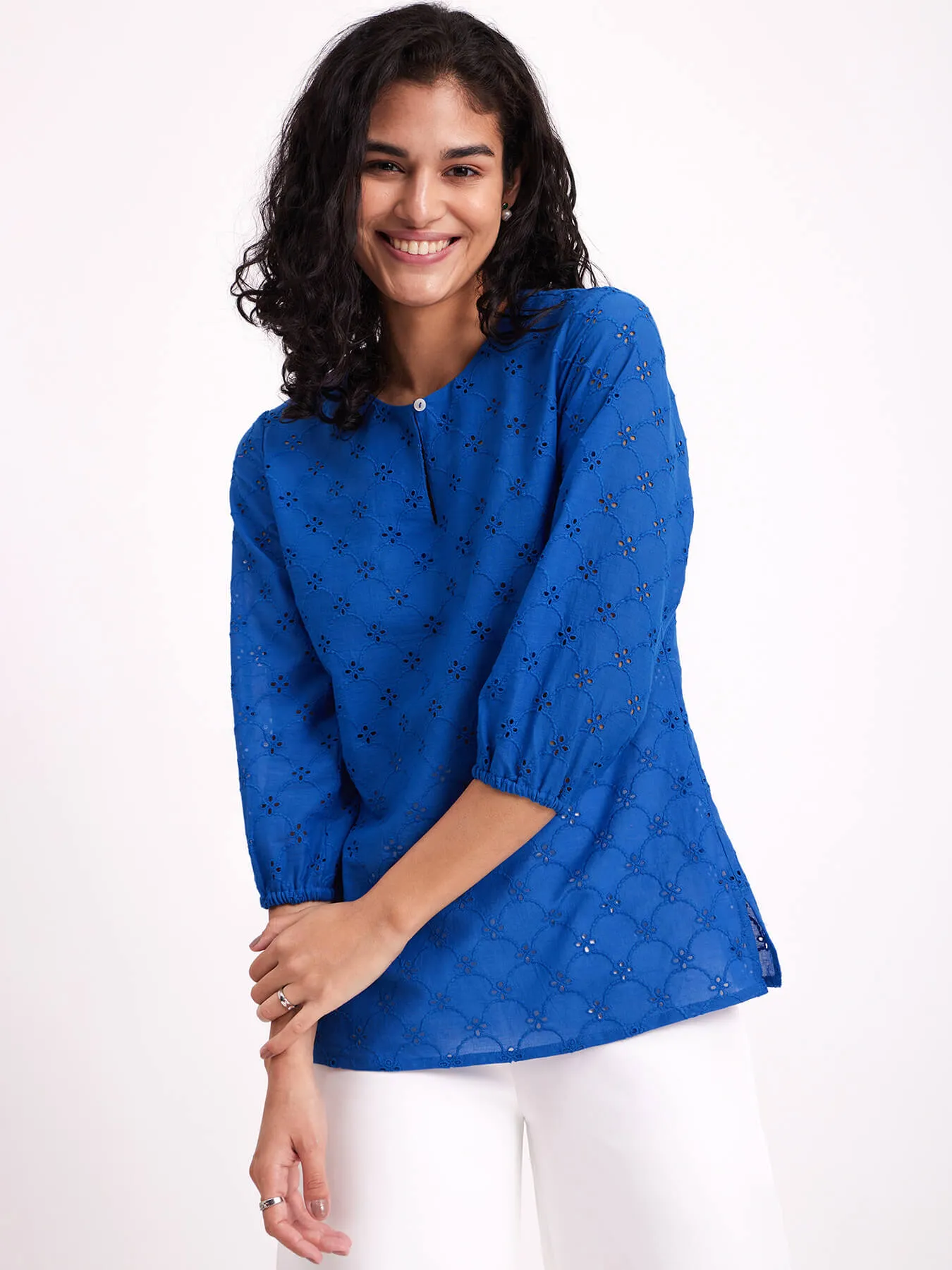 Cotton Schiffli Embroidered Top - Blue