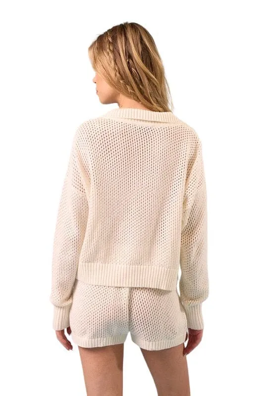Cream fruit embroidered sweater shorts set