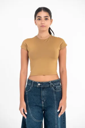 Cropped Round Neck Top Cap Sleeve - Coffee