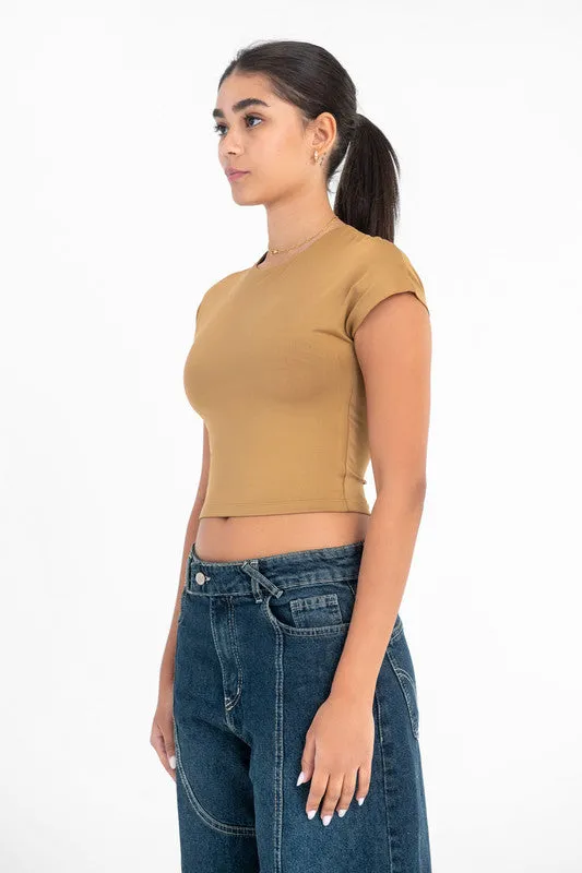 Cropped Round Neck Top Cap Sleeve - Coffee