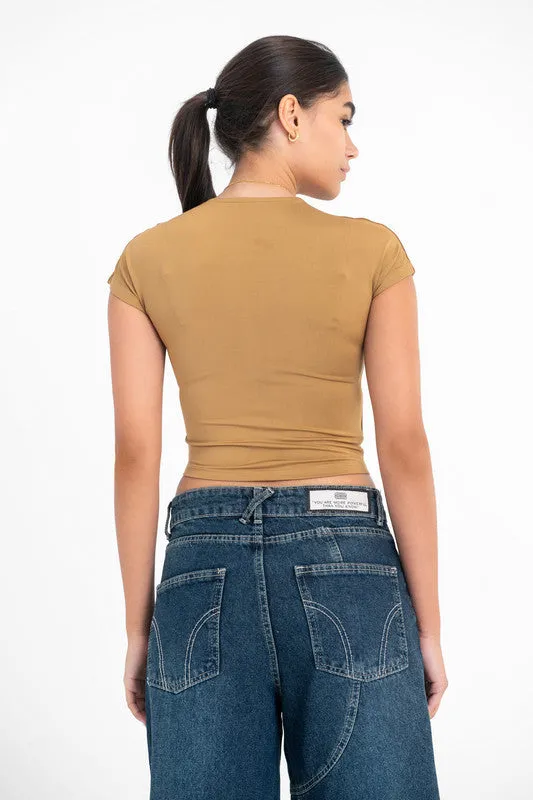 Cropped Round Neck Top Cap Sleeve - Coffee