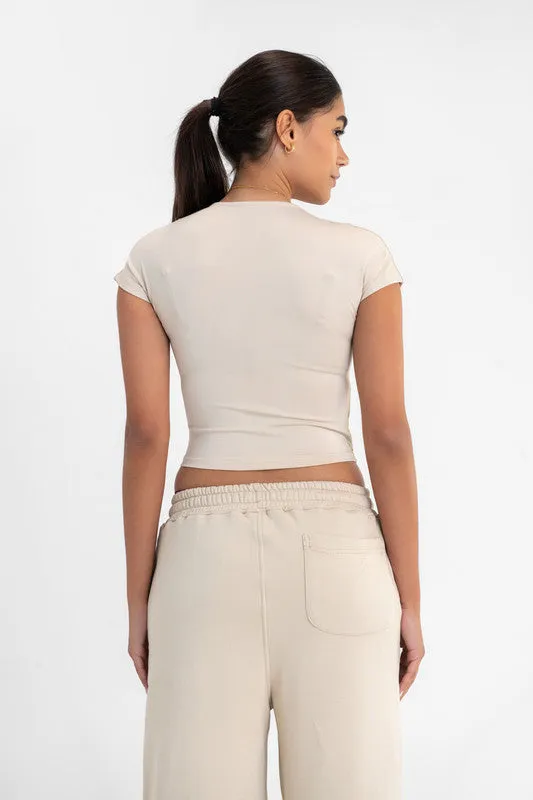 Cropped Round Neck Top Cap Sleeve - Latte