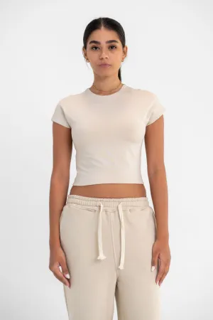 Cropped Round Neck Top Cap Sleeve - Latte