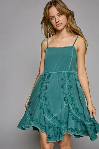 Dark Teal Embroidered Mini Flow Dress