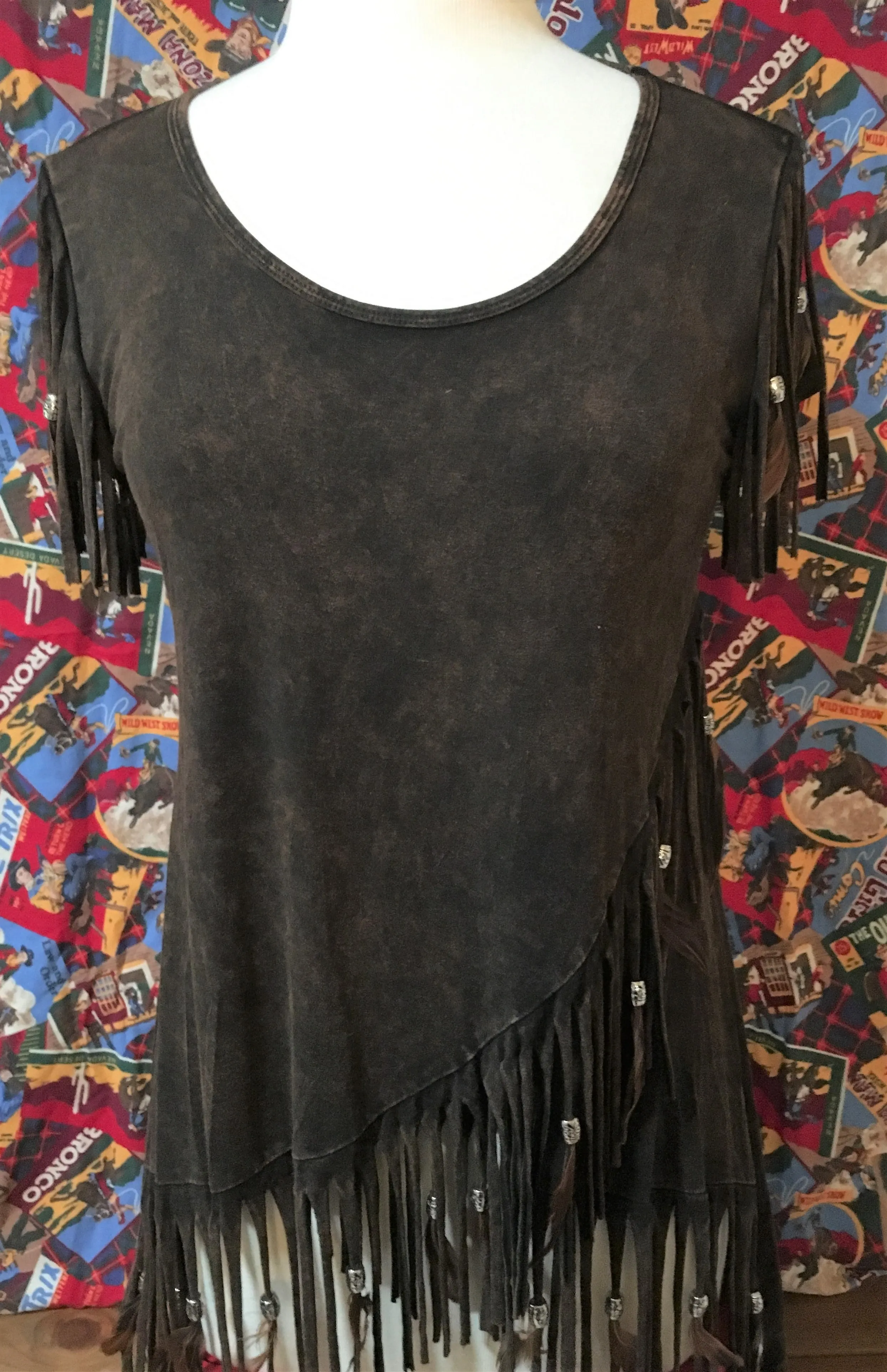 Distressed Brown Feathered Fringed Short Sleeve Top