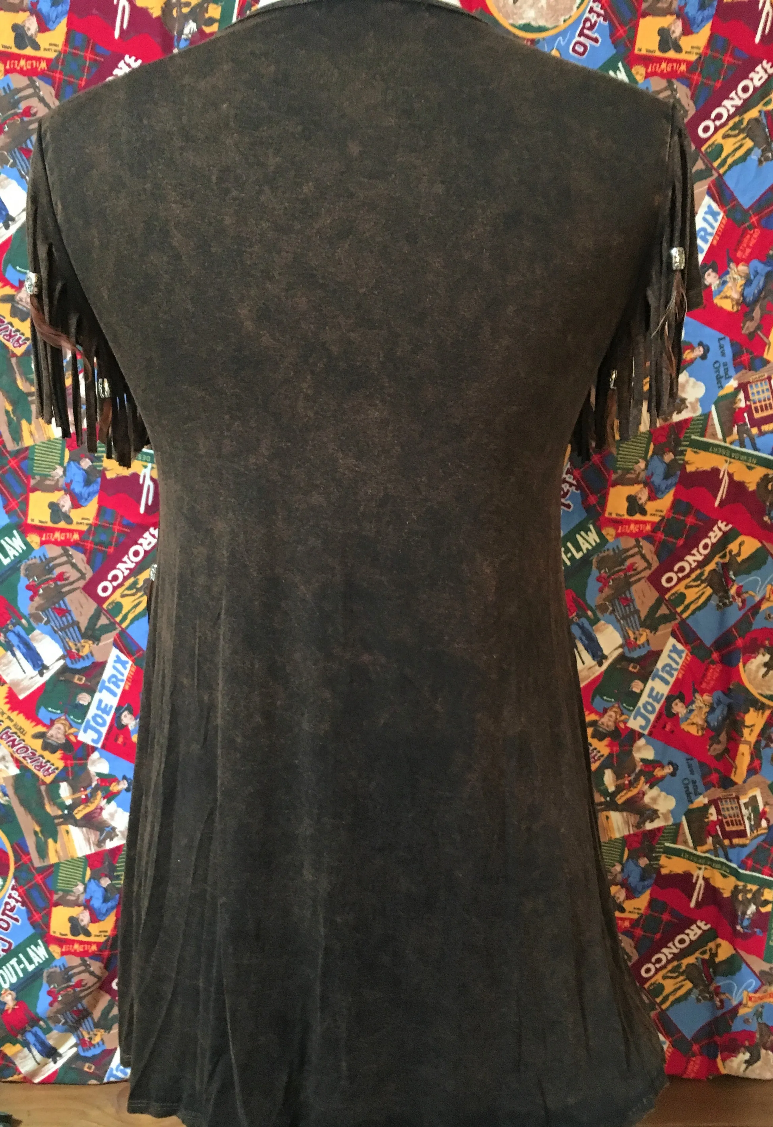 Distressed Brown Feathered Fringed Short Sleeve Top
