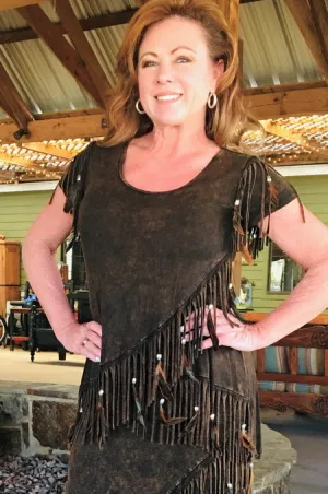 Distressed Brown Feathered Fringed Short Sleeve Top