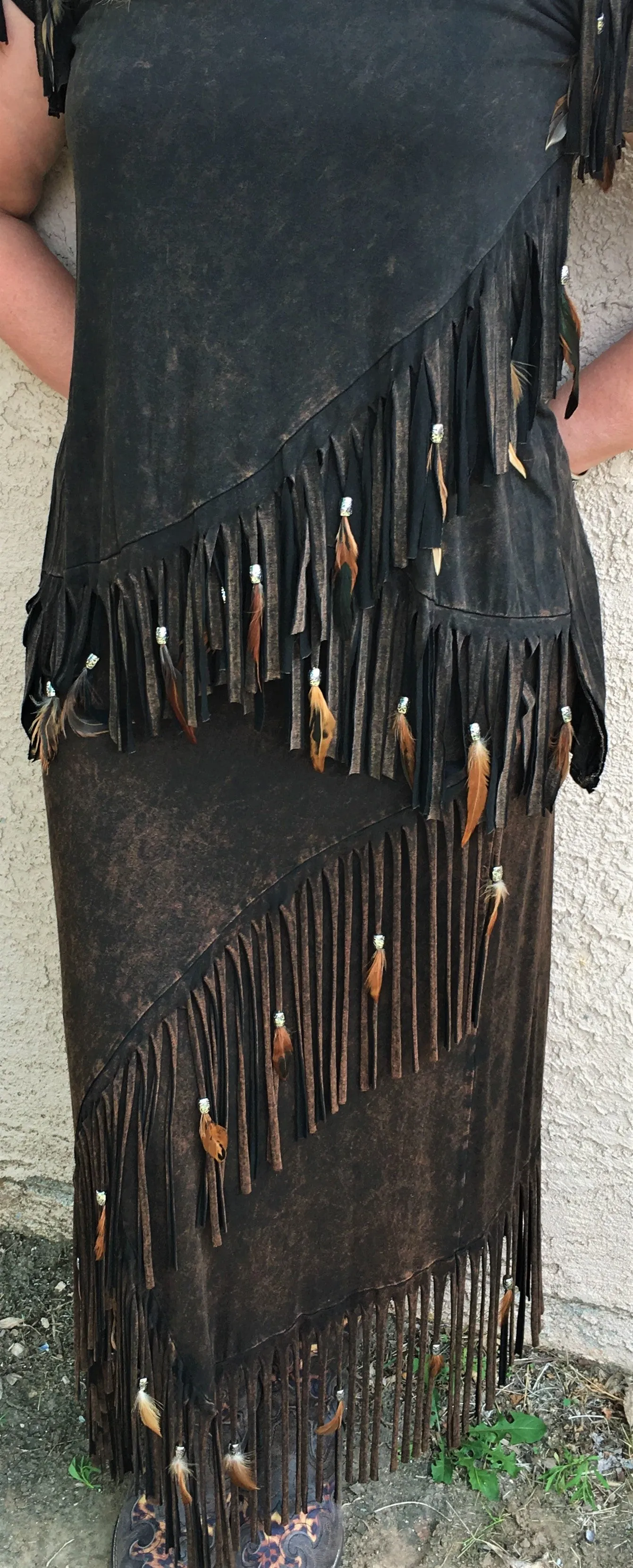 Distressed Brown Feathered Fringed Short Sleeve Top