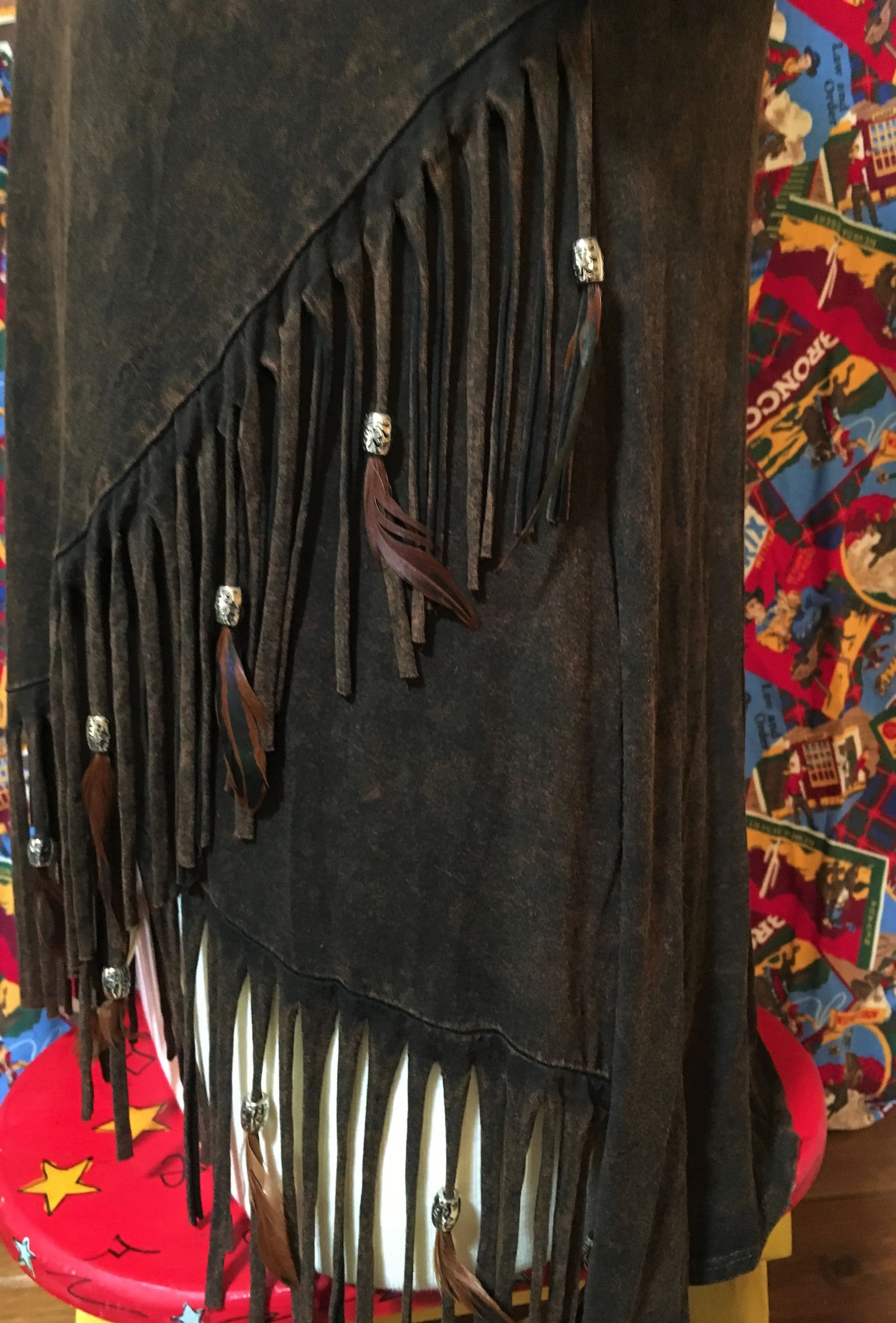 Distressed Brown Feathered Fringed Short Sleeve Top