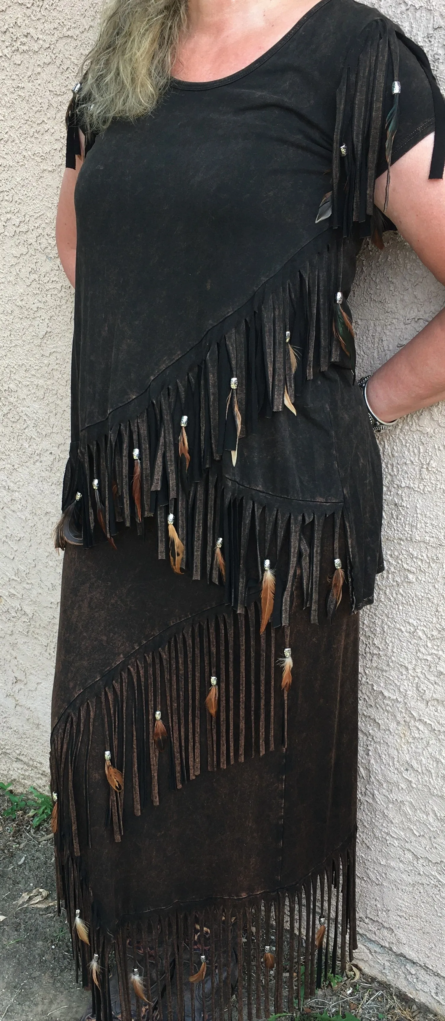 Distressed Brown Feathered Fringed Short Sleeve Top