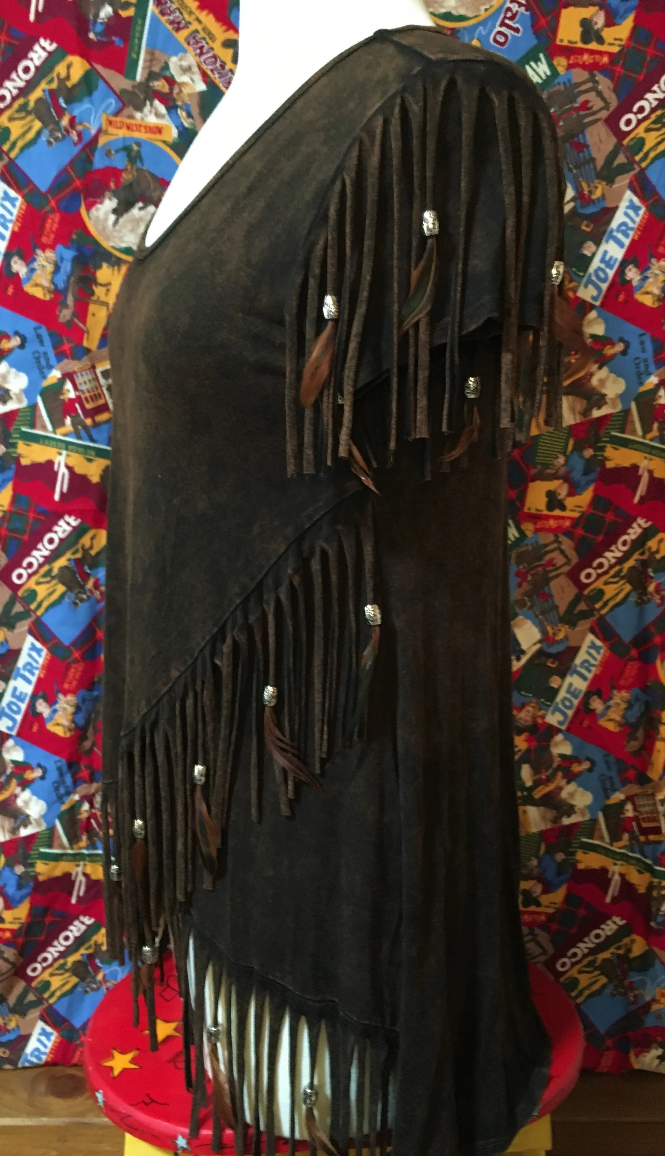 Distressed Brown Feathered Fringed Short Sleeve Top