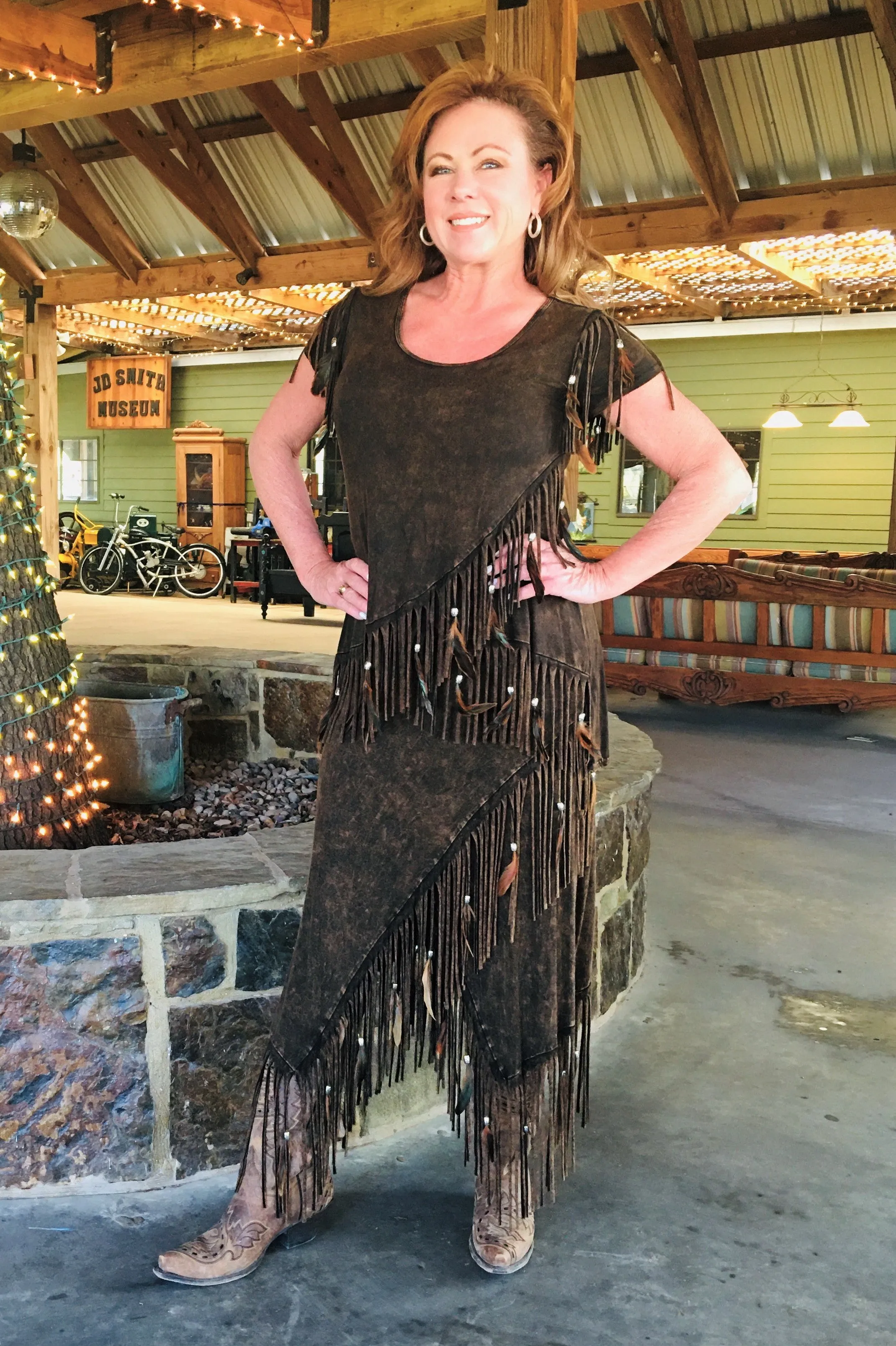Distressed Brown Feathered Fringed Short Sleeve Top