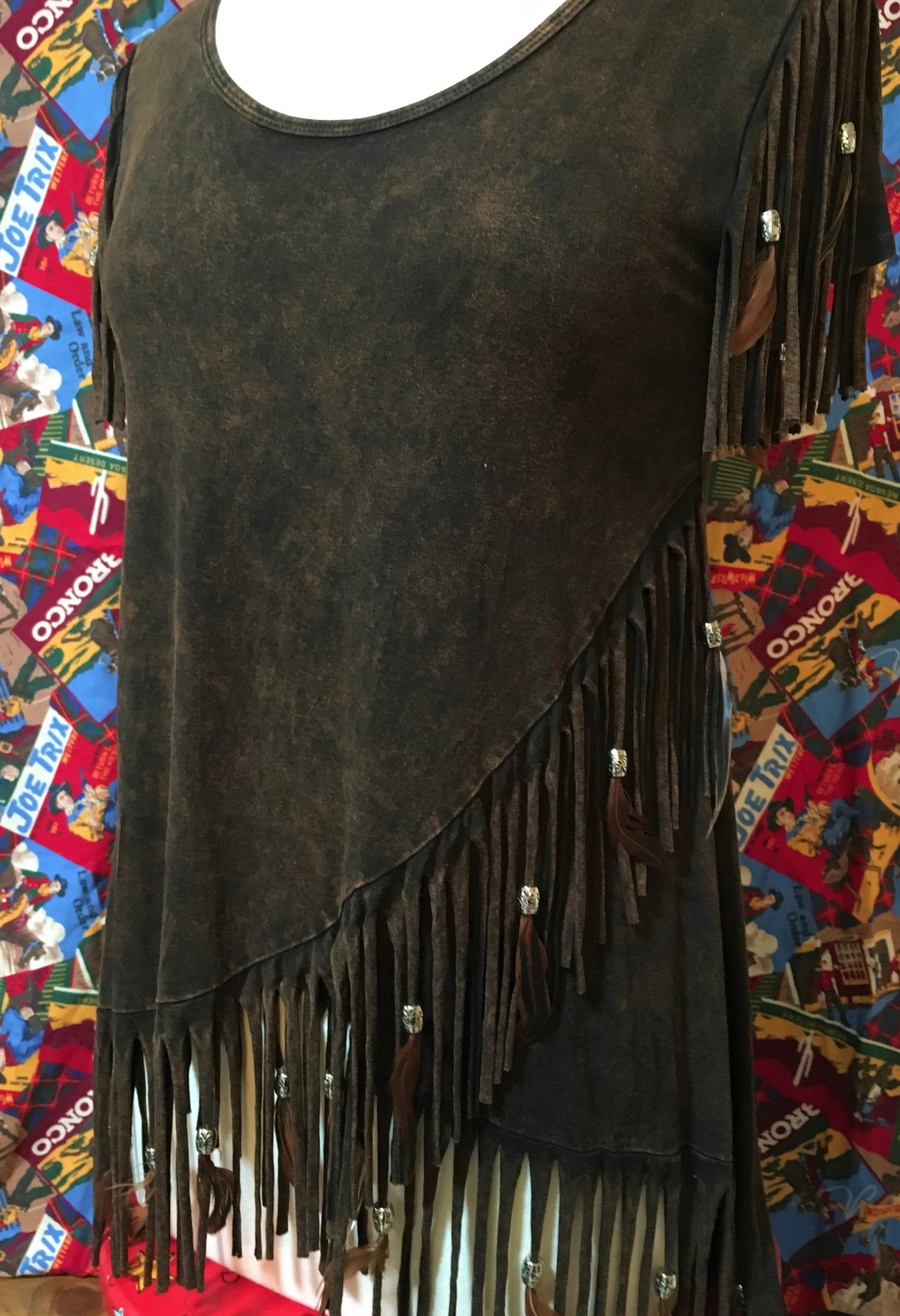 Distressed Brown Feathered Fringed Short Sleeve Top