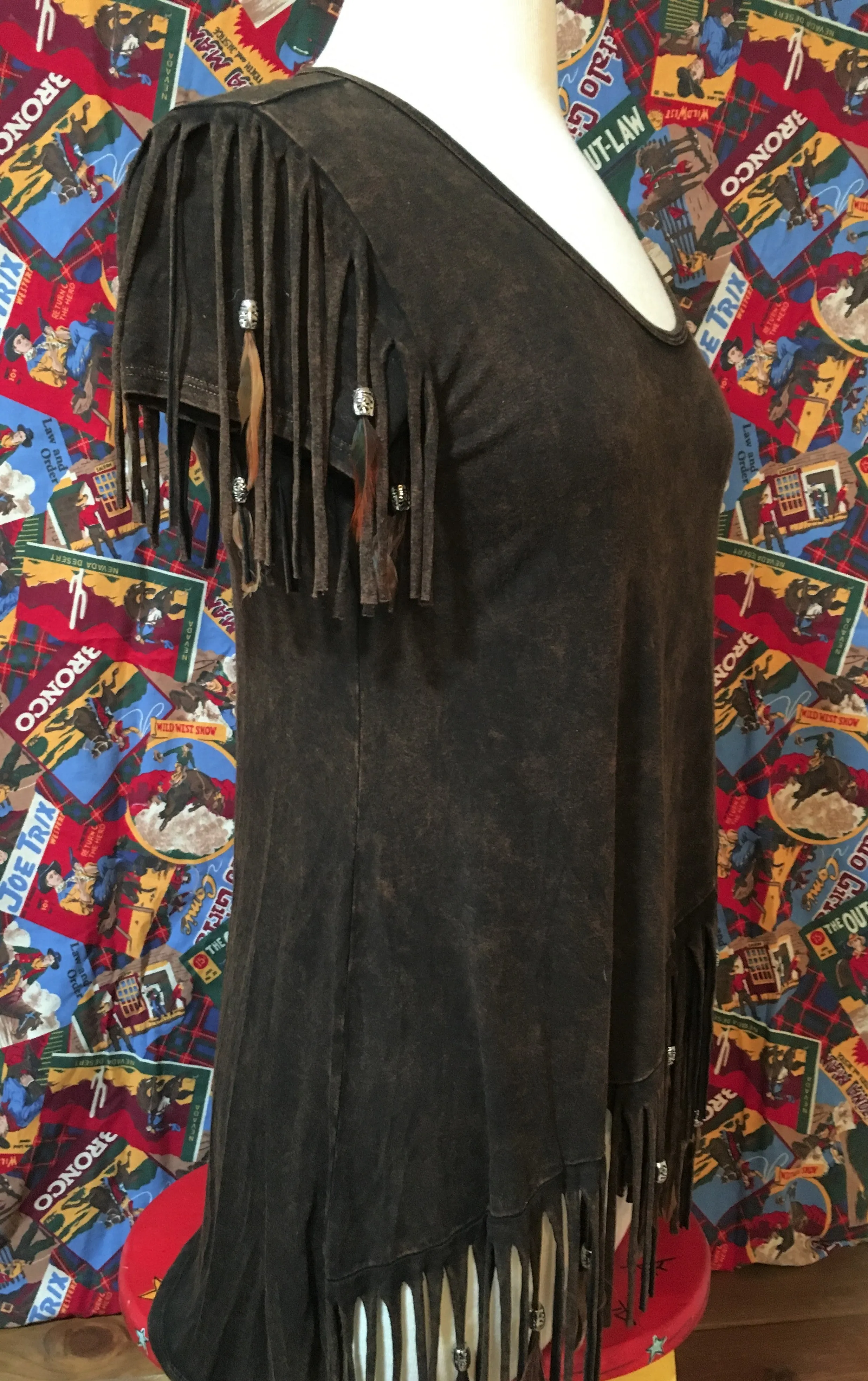Distressed Brown Feathered Fringed Short Sleeve Top