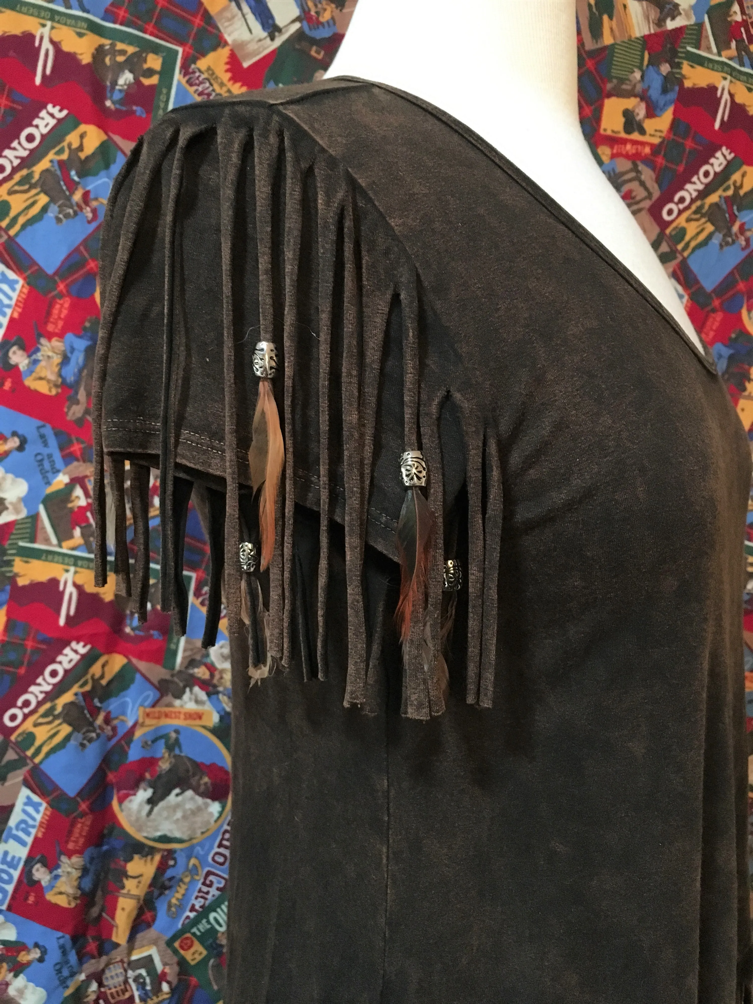 Distressed Brown Feathered Fringed Short Sleeve Top