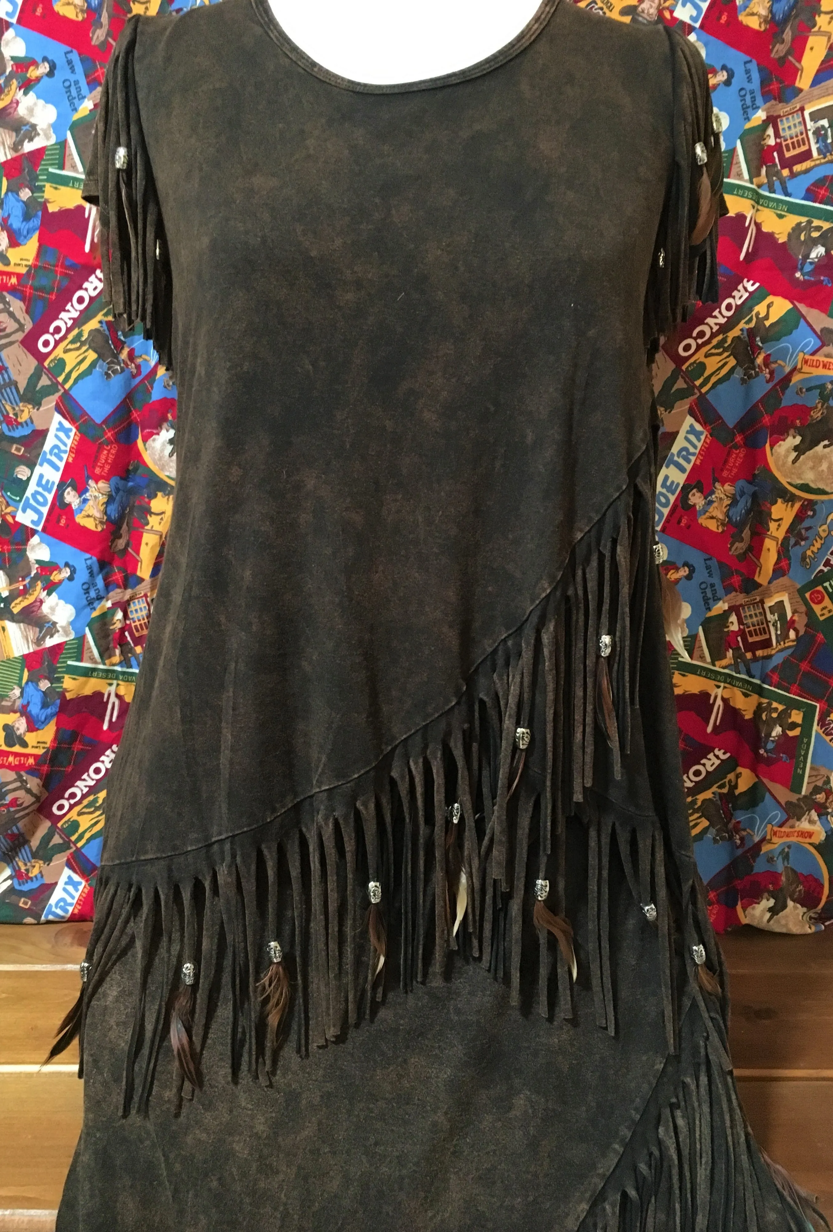 Distressed Brown Feathered Fringed Short Sleeve Top
