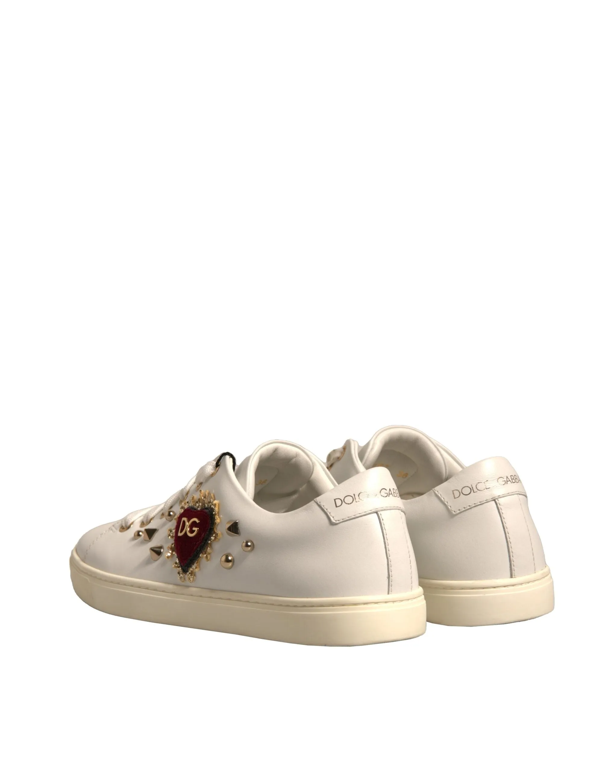 Dolce&Gabbana Women Ivory Sneakers Leather Heart Embroidery Trainer Shoes EUR 36