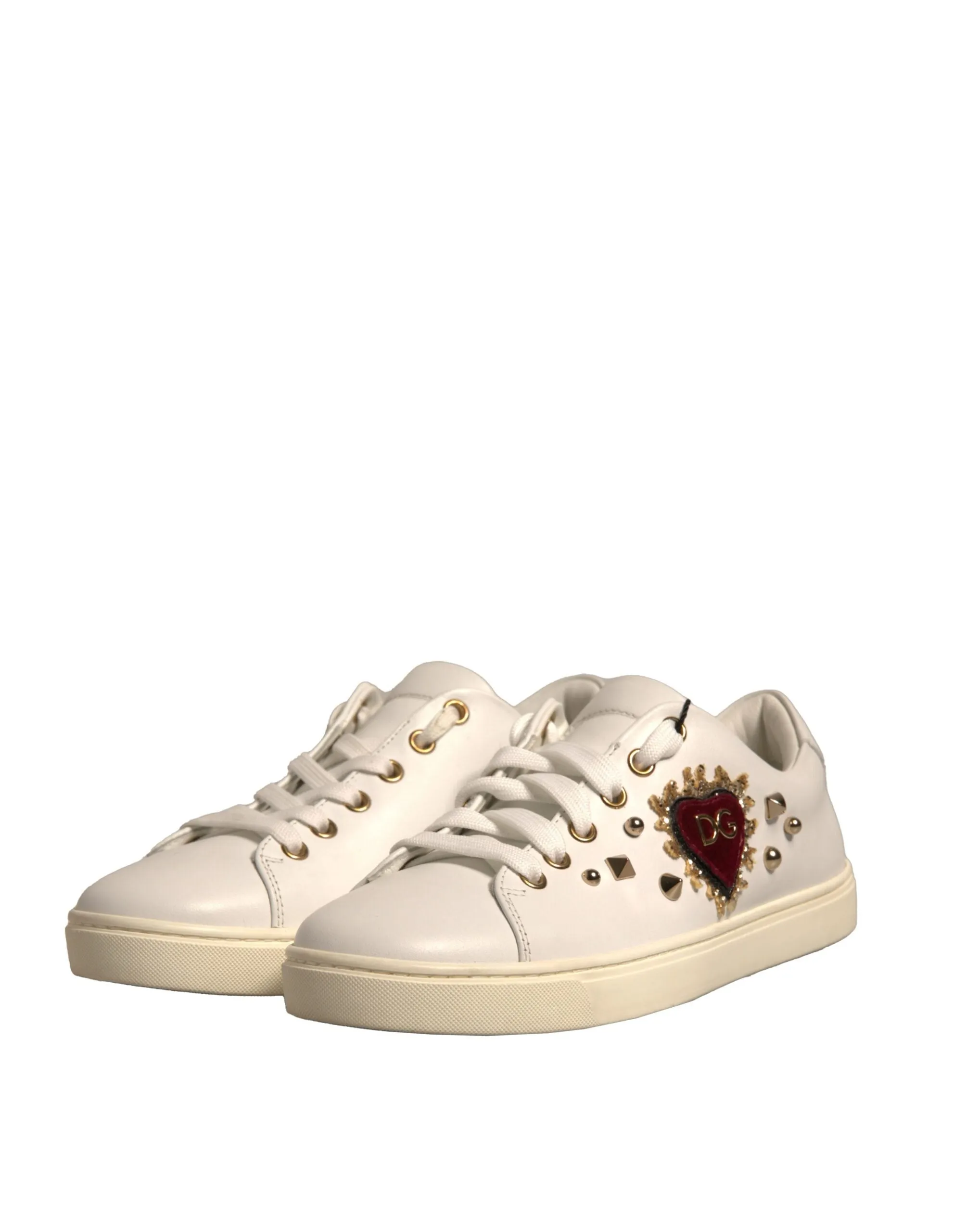 Dolce&Gabbana Women Ivory Sneakers Leather Heart Embroidery Trainer Shoes EUR 36