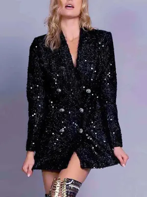 Double-breasted V-neck Black Sparkly Blazer