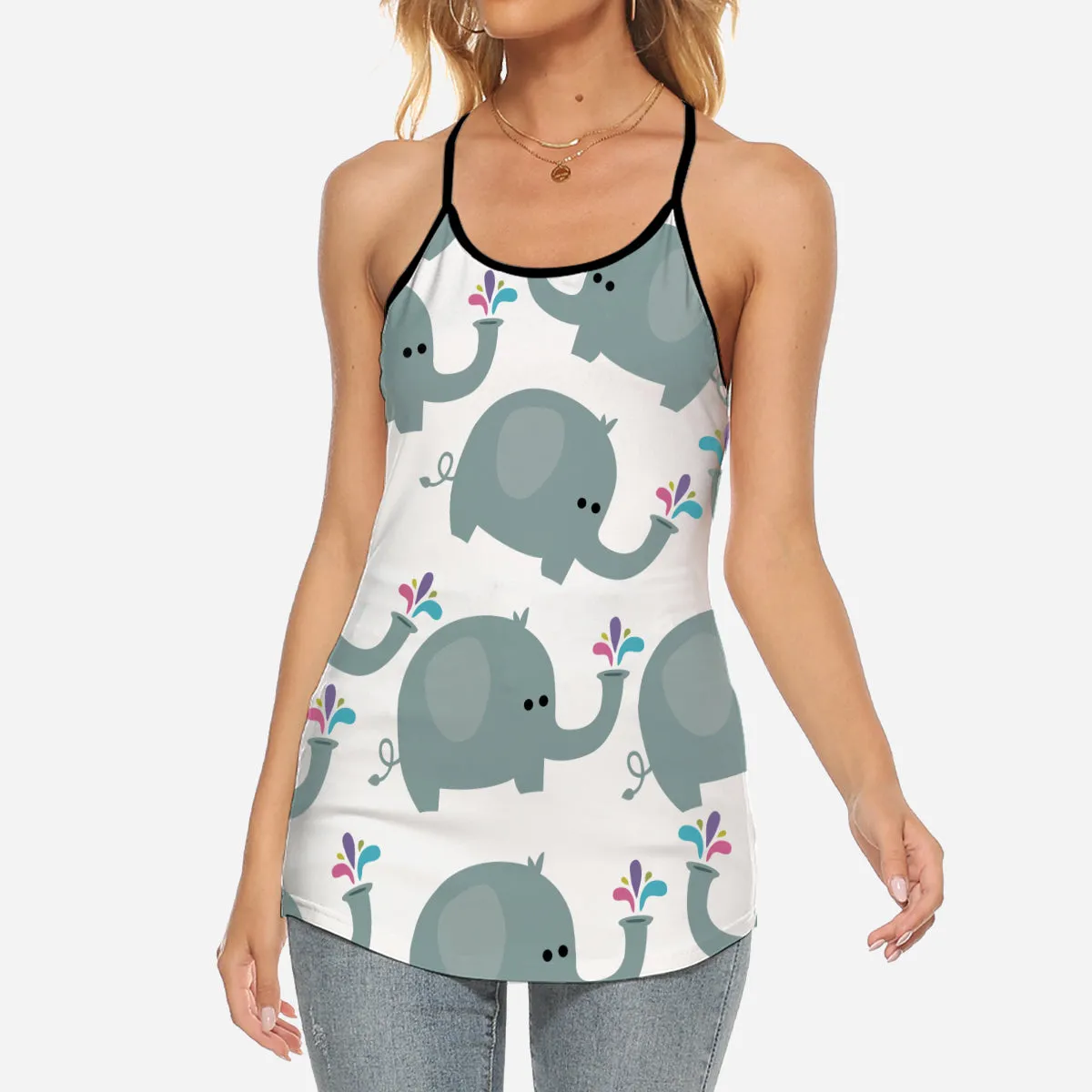 Elephant Criss Cross Tank Top With Cartoon Style
