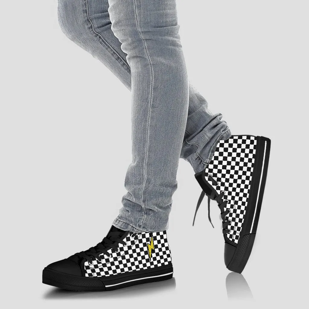 Embroidered Black Checkered Lightning Bolt Trendy High Tops