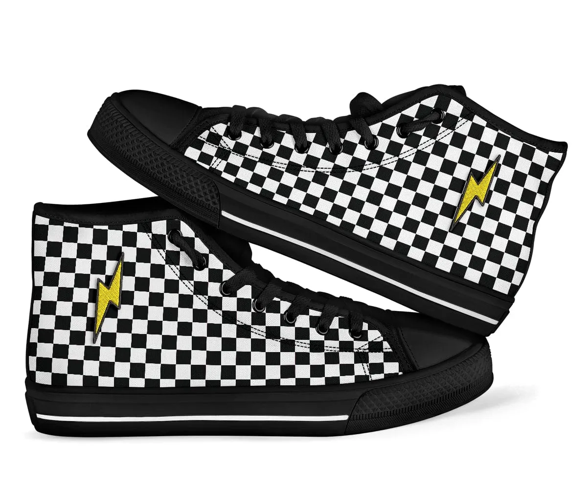 Embroidered Black Checkered Lightning Bolt Trendy High Tops