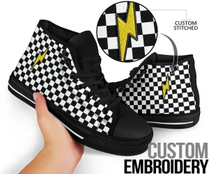 Embroidered Black Checkered Lightning Bolt Trendy High Tops