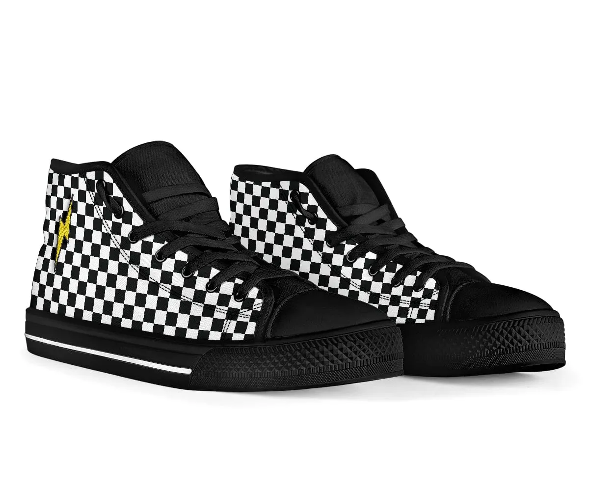 Embroidered Black Checkered Lightning Bolt Trendy High Tops