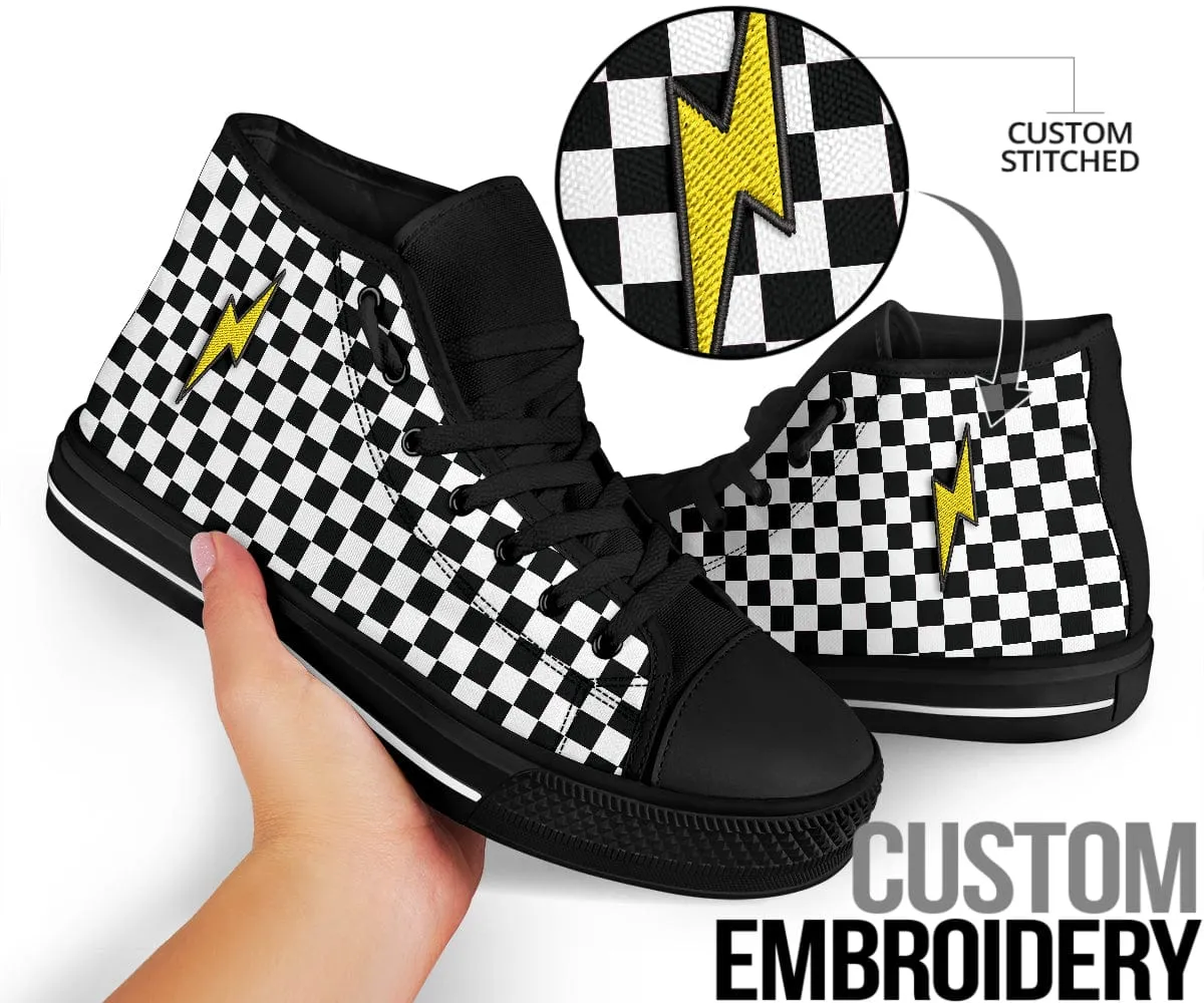 Embroidered Black Checkered Lightning Bolt Trendy High Tops