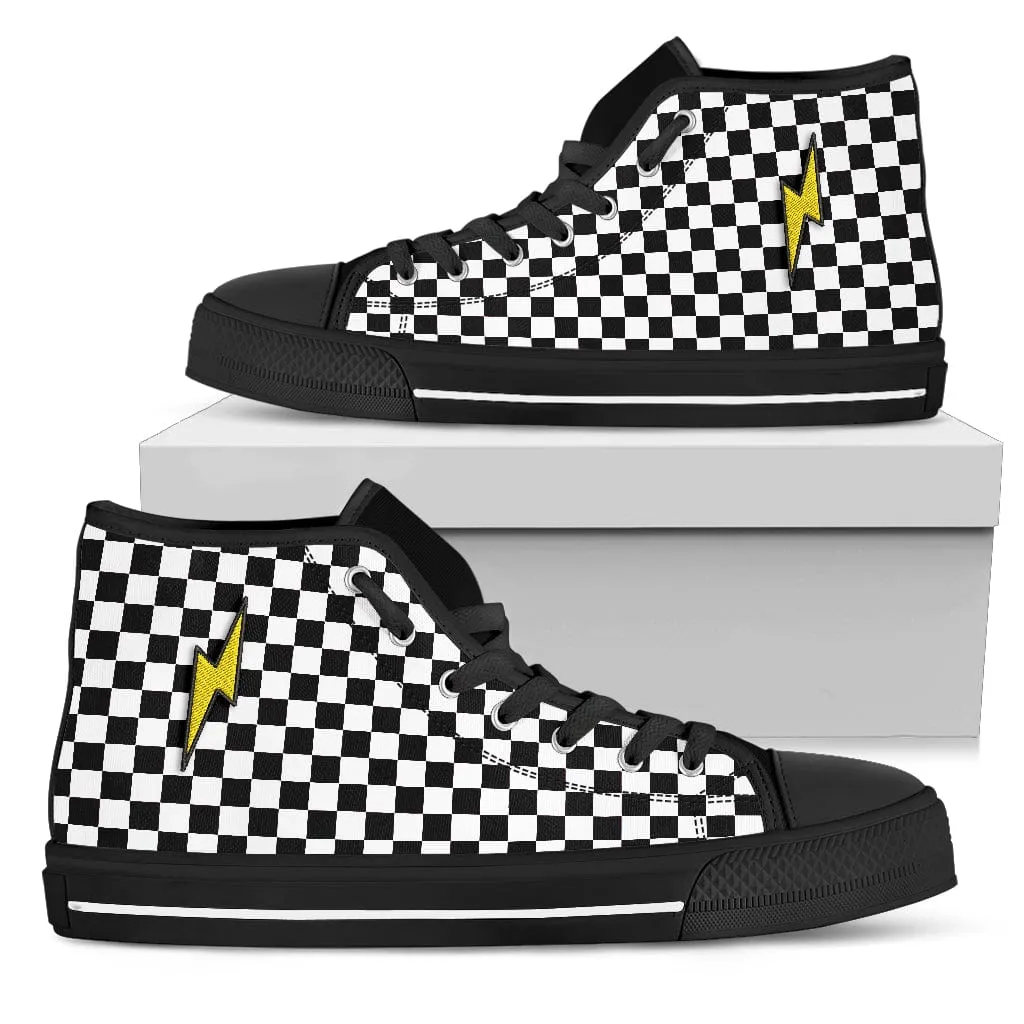 Embroidered Black Checkered Lightning Bolt Trendy High Tops