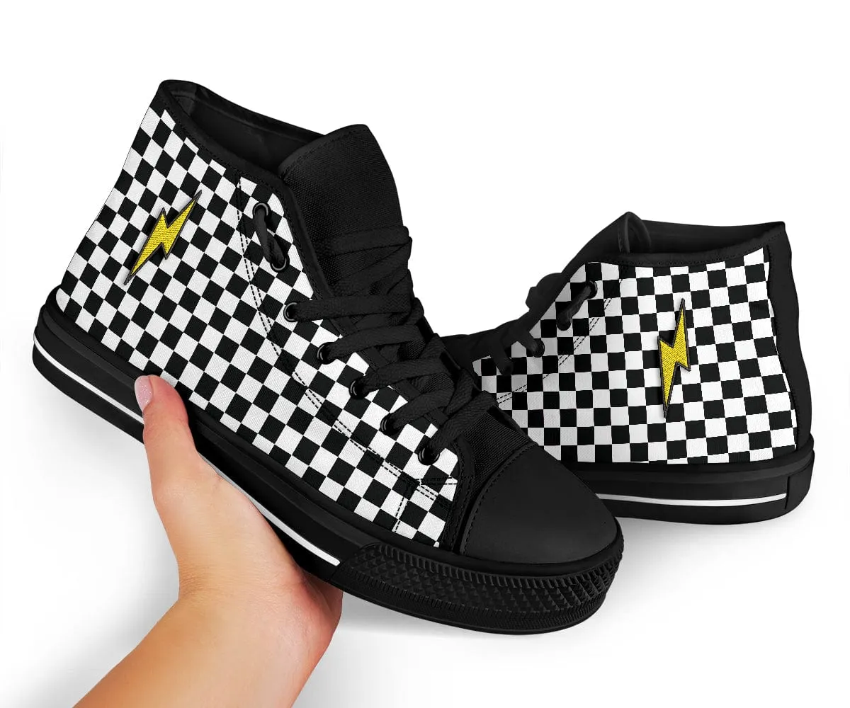 Embroidered Black Checkered Lightning Bolt Trendy High Tops