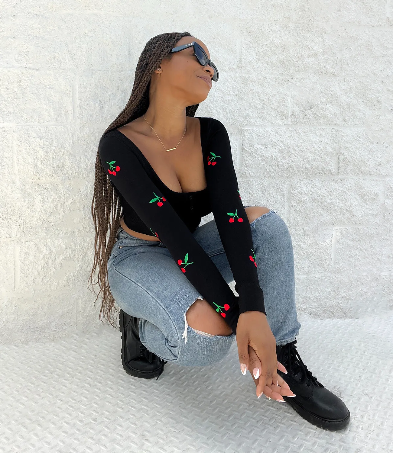 Embroidered Cherry Crop Top(Black)