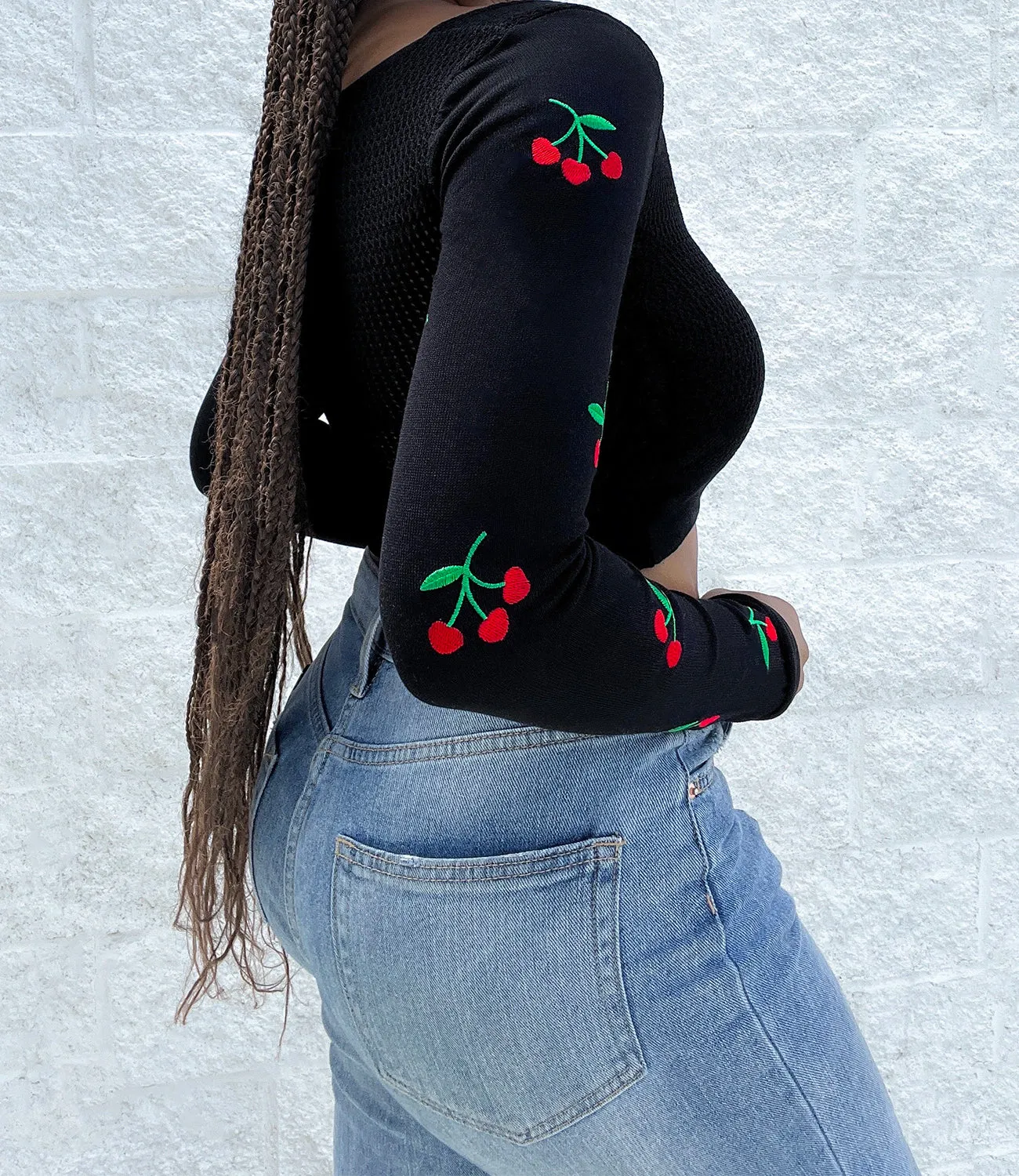 Embroidered Cherry Crop Top(Black)