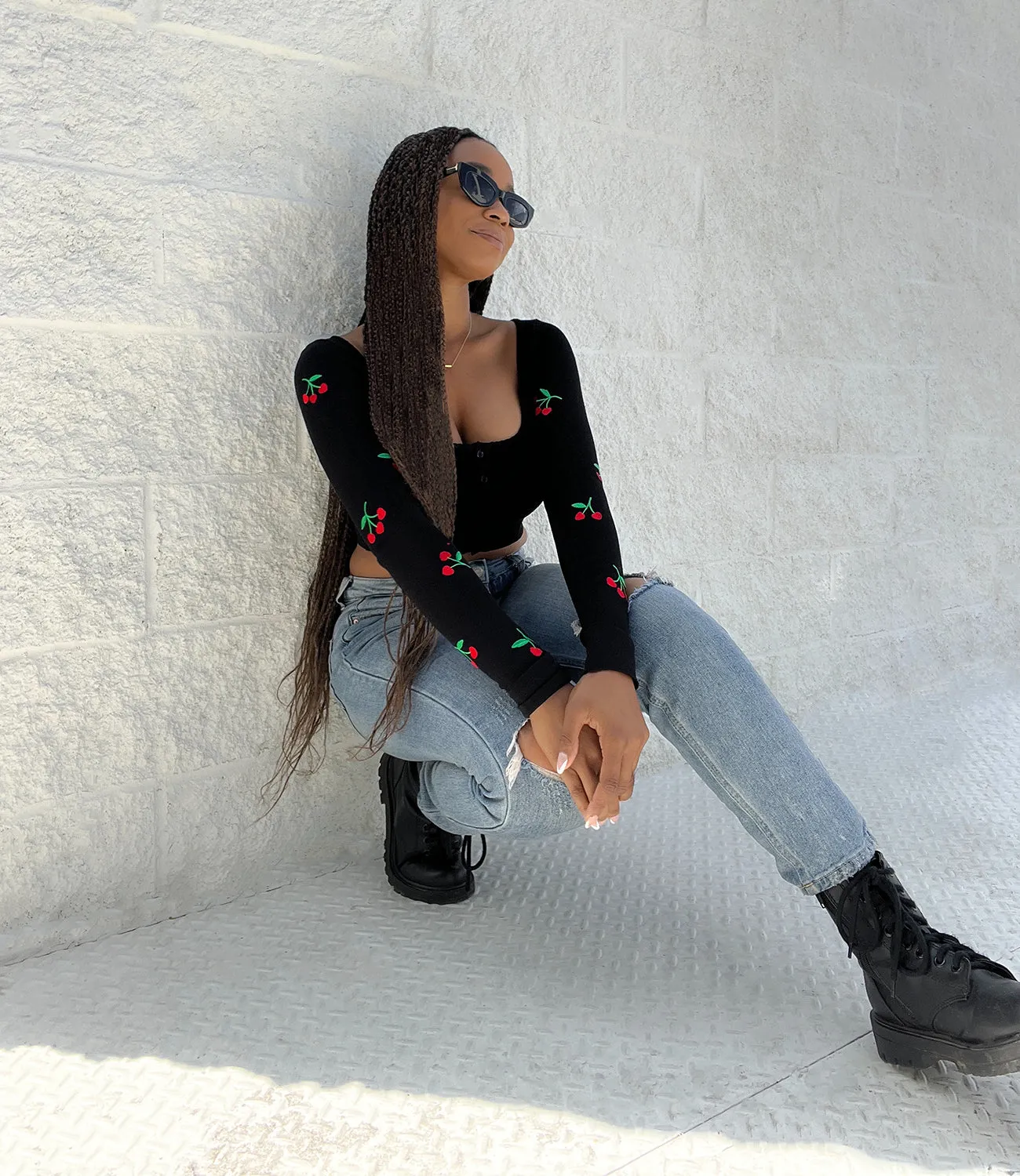 Embroidered Cherry Crop Top(Black)