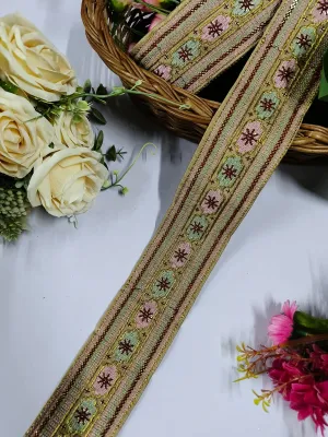 Embroidered Fabric Trim Indian Embroidery Sari Border Crafting Saree Sewing Decorative Beach Bag Cushions Trimmings Ribbons Tape, Jewelry Making Trim, Table Runner Lace - Beige With Multi