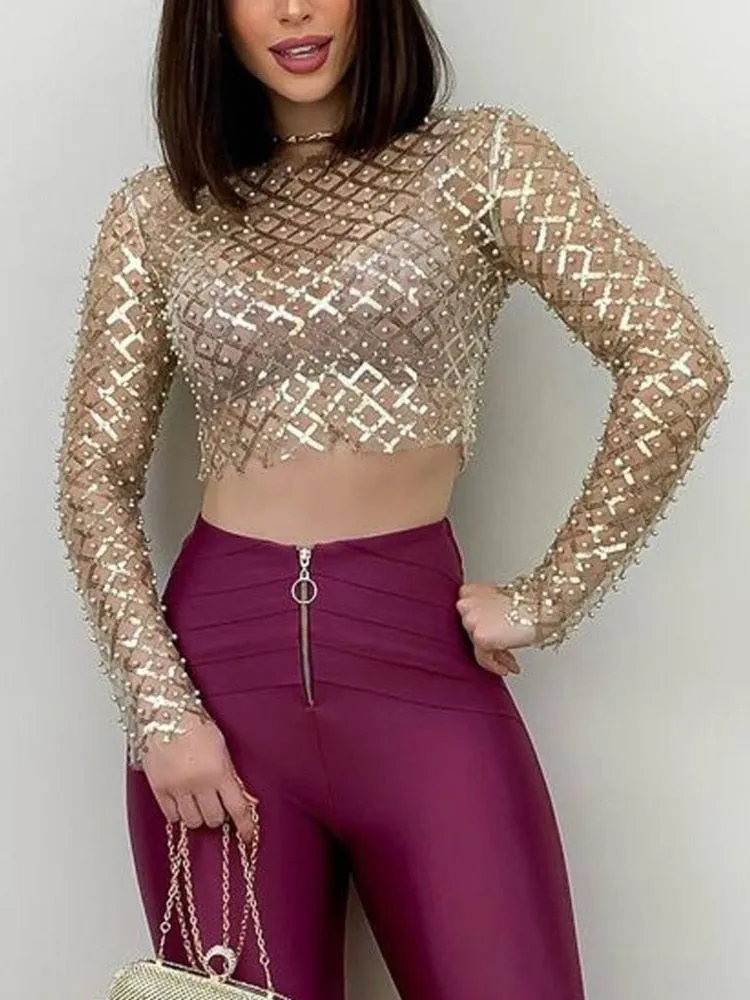 Embroidered Flares Glitter Sexy T-shirt Women O Neck Full Sleeve Crop Top Ladies Mesh Shiny Slim Party T-shirts Tops