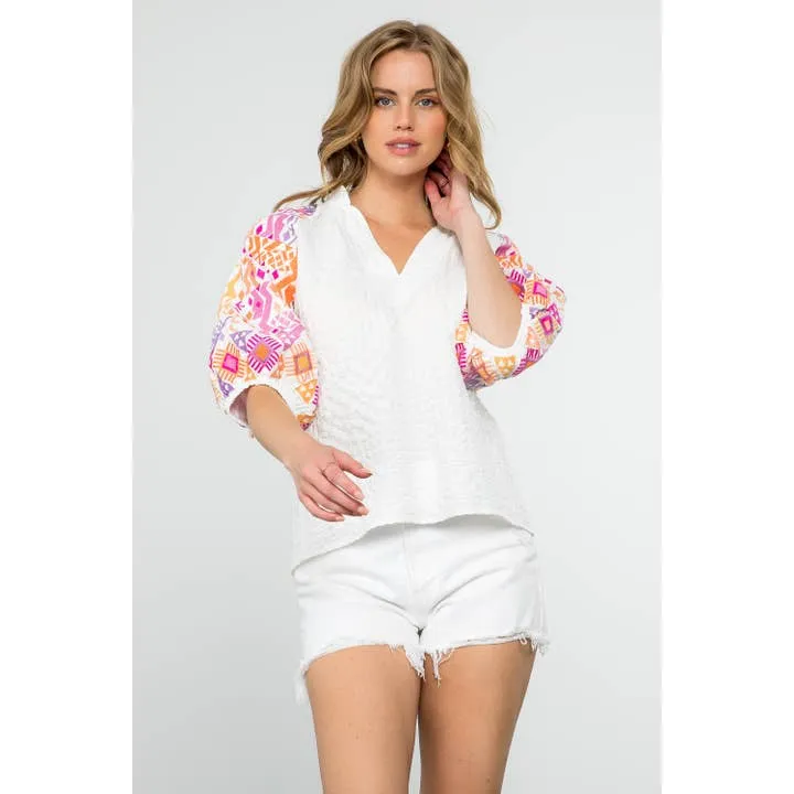Embroidered Sleeve Gingham Top - White