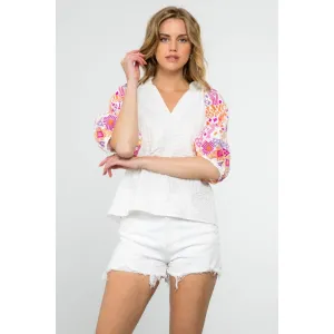 Embroidered Sleeve Gingham Top - White